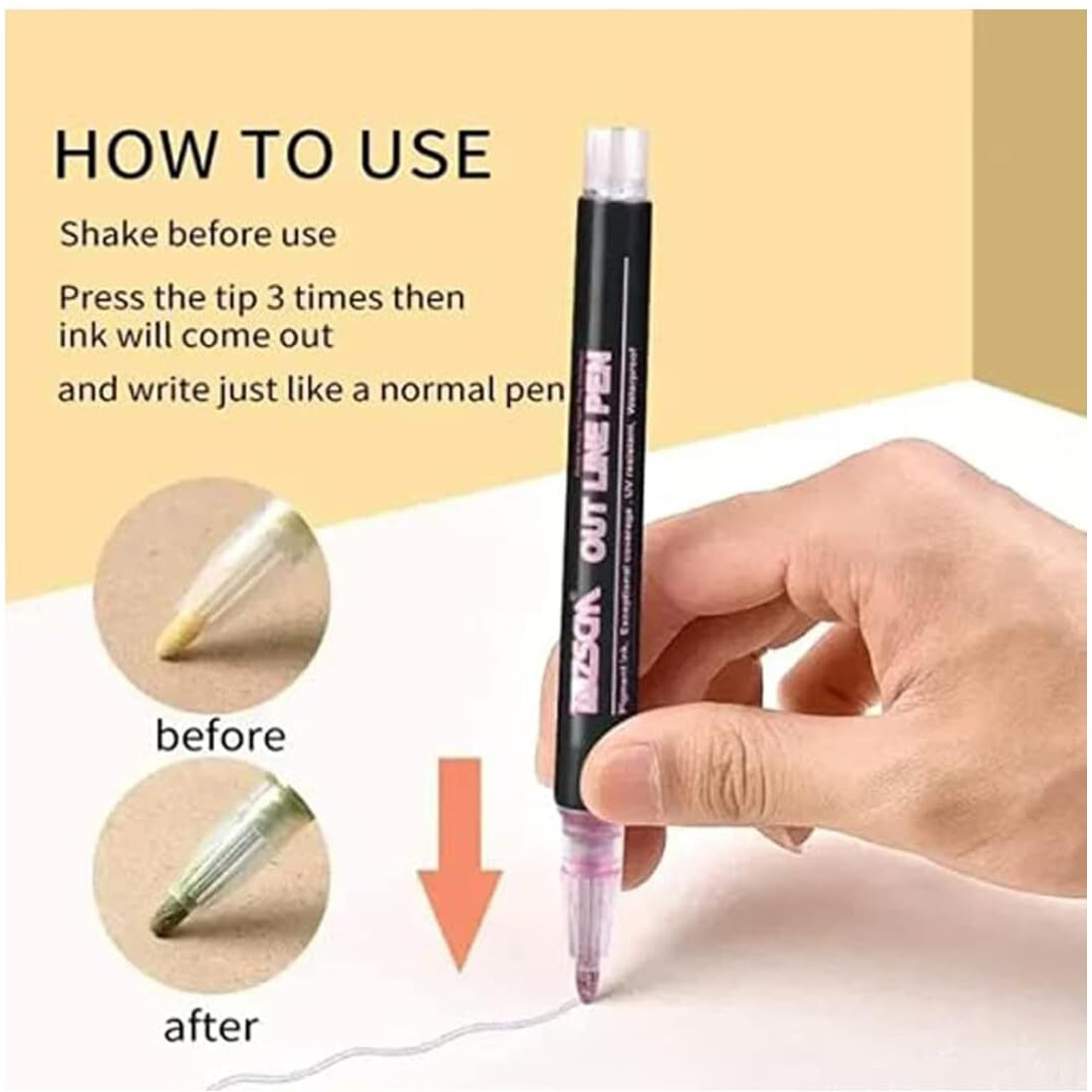 Shrikirti Colorful Double Line Outline Markers Metallic Glitter Pen Set For Painting, Greeting Cards, Glass, Mug, Scrapbook Crafts, Fabric Set Of 12