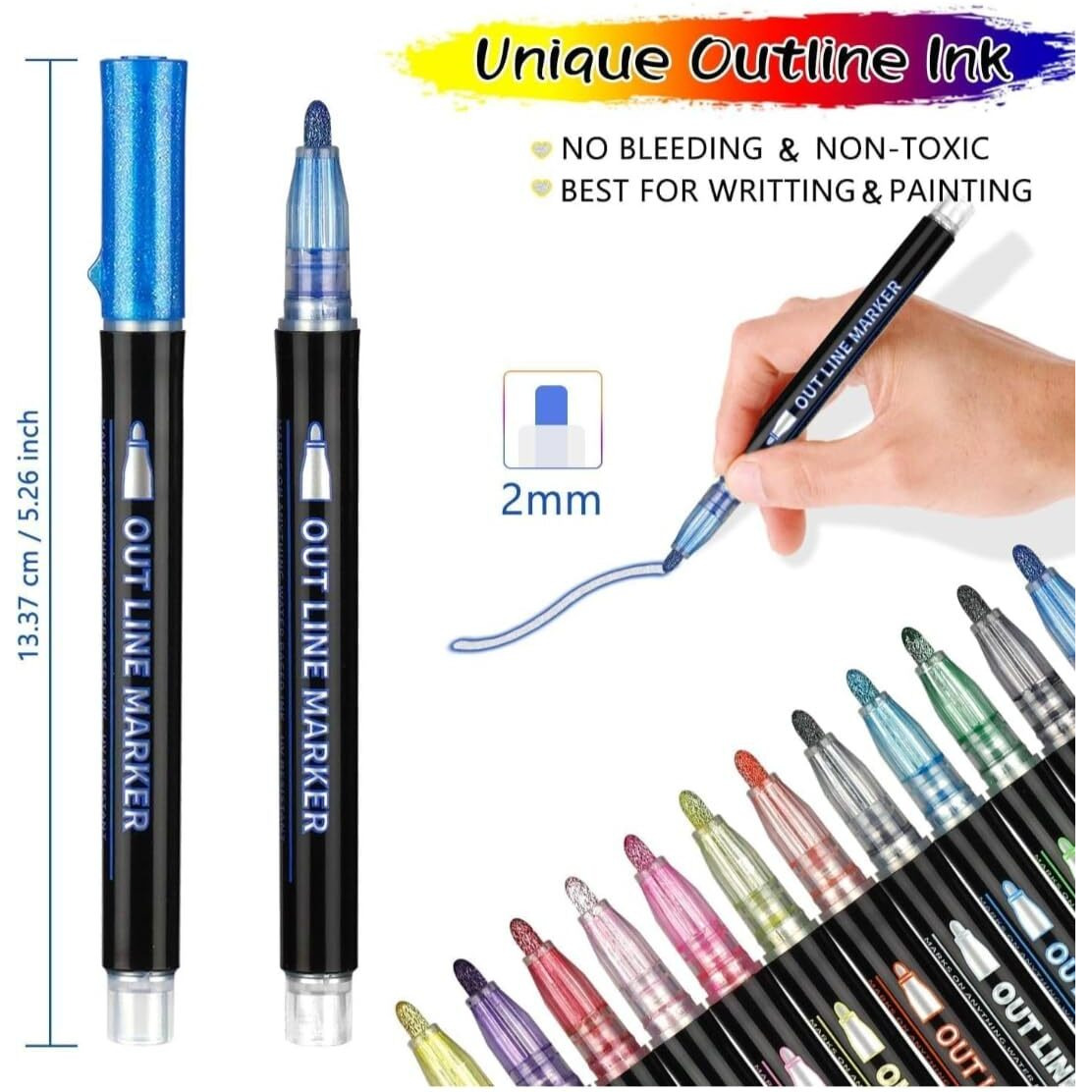 Shrikirti Colorful Double Line Outline Markers Metallic Glitter Pen Set For Painting, Greeting Cards, Glass, Mug, Scrapbook Crafts, Fabric Set Of 12