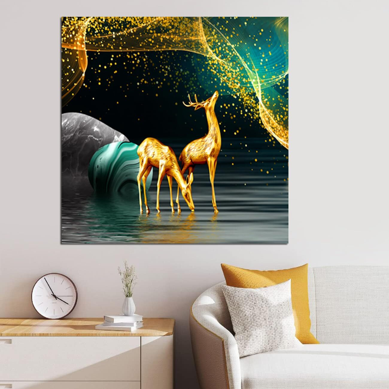Maxstone Goldan Deer Wall Painting Wall Art Home Decoretive For Living Room, Bedroom, Office, Hotels, Drawing Room (55.88 X 55.88 Cm) Big Size