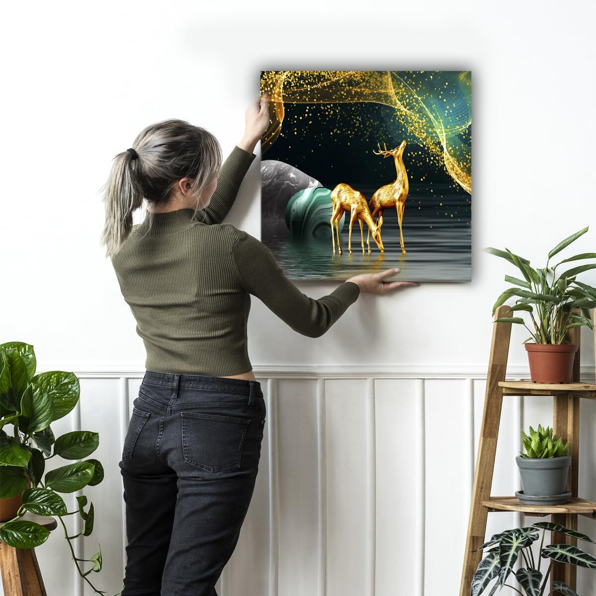 Maxstone Goldan Deer Wall Painting Wall Art Home Decoretive For Living Room, Bedroom, Office, Hotels, Drawing Room (55.88 X 55.88 Cm) Big Size
