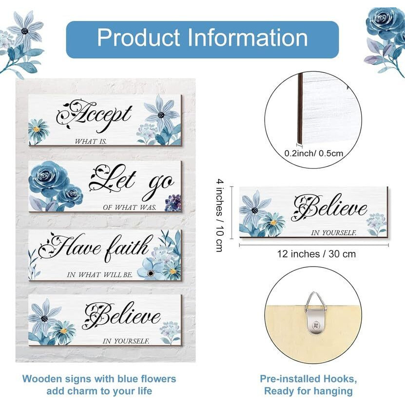 4 Pieces Blue Flower Wall Decor For Bedroom, Accept-Let Go-Have Faith-Believe Wooden Inspirational Wall Art Decorations For Living Room Bathroom,Rustic Wooden Farmhouse Home Decor, 12 X 4 Inch, Dl038