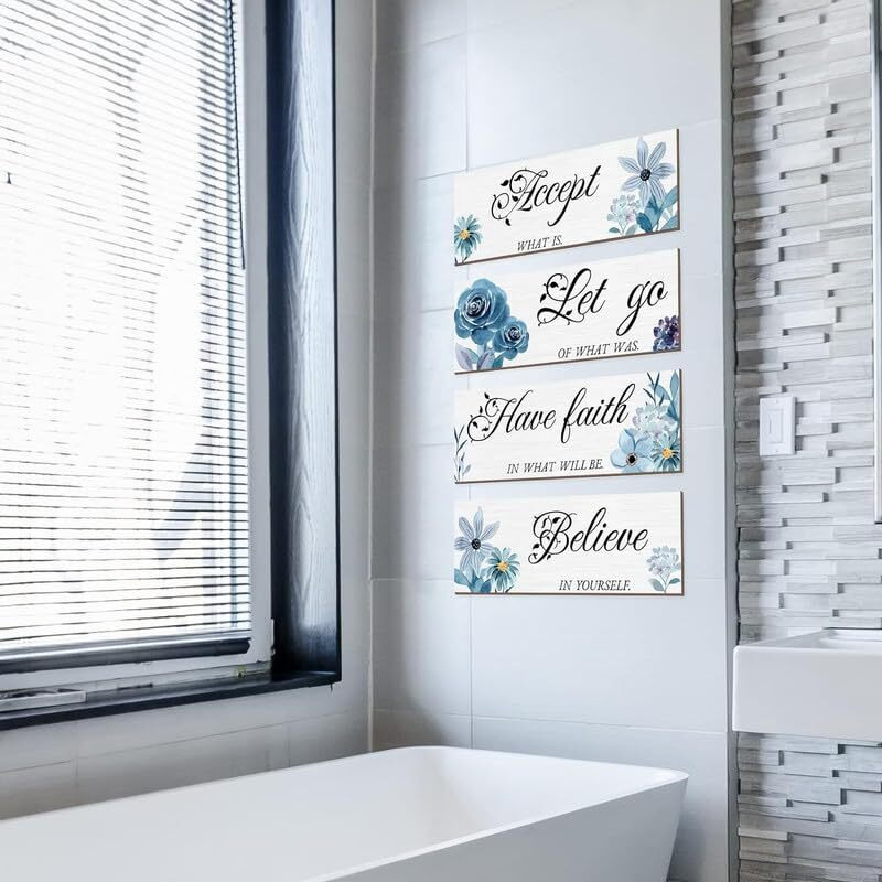 4 Pieces Blue Flower Wall Decor For Bedroom, Accept-Let Go-Have Faith-Believe Wooden Inspirational Wall Art Decorations For Living Room Bathroom,Rustic Wooden Farmhouse Home Decor, 12 X 4 Inch, Dl038