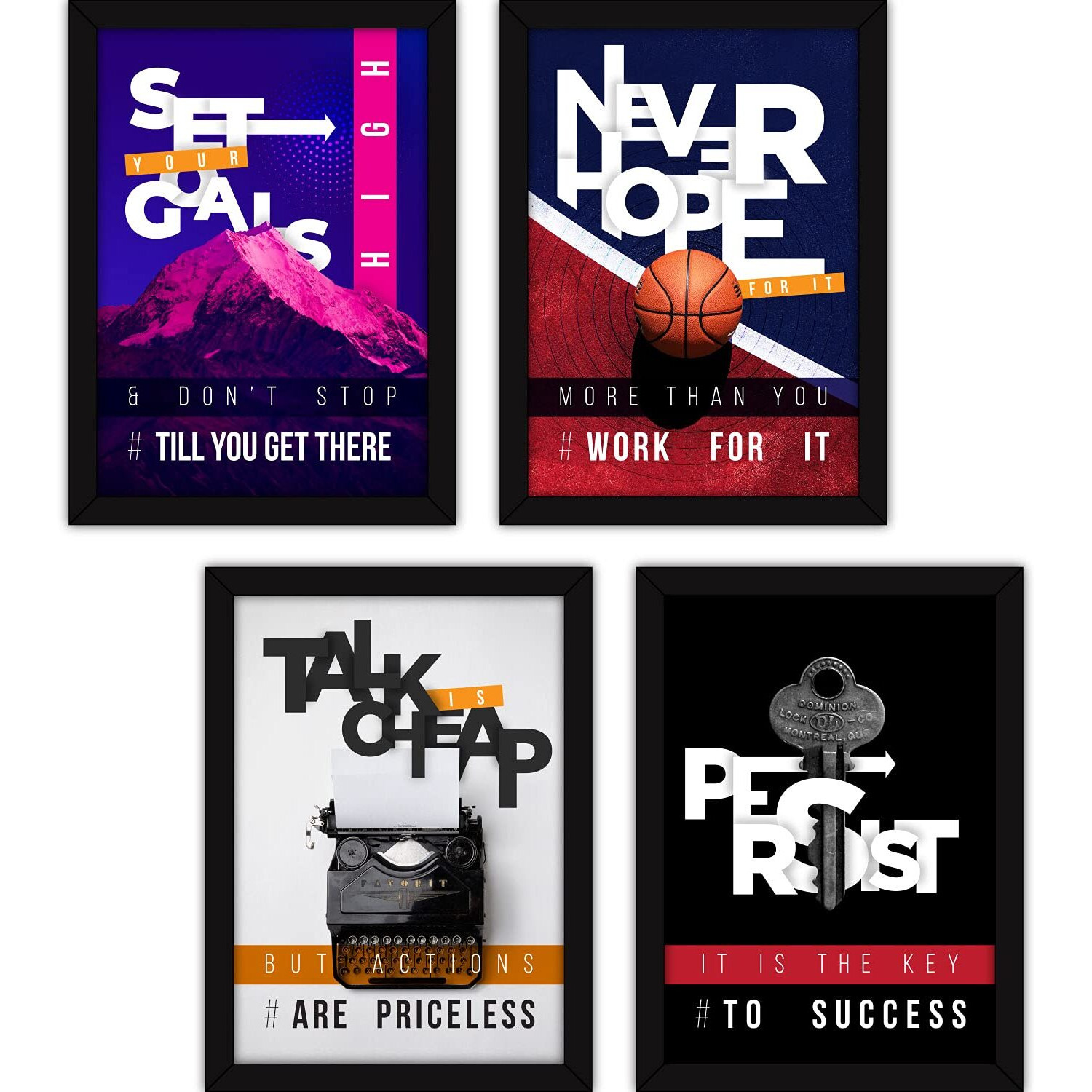 Fatmug Synthetic Framed Motivational Wall Posters With Glass (Set 7 Four A4, Multicolour) - Set Of 4