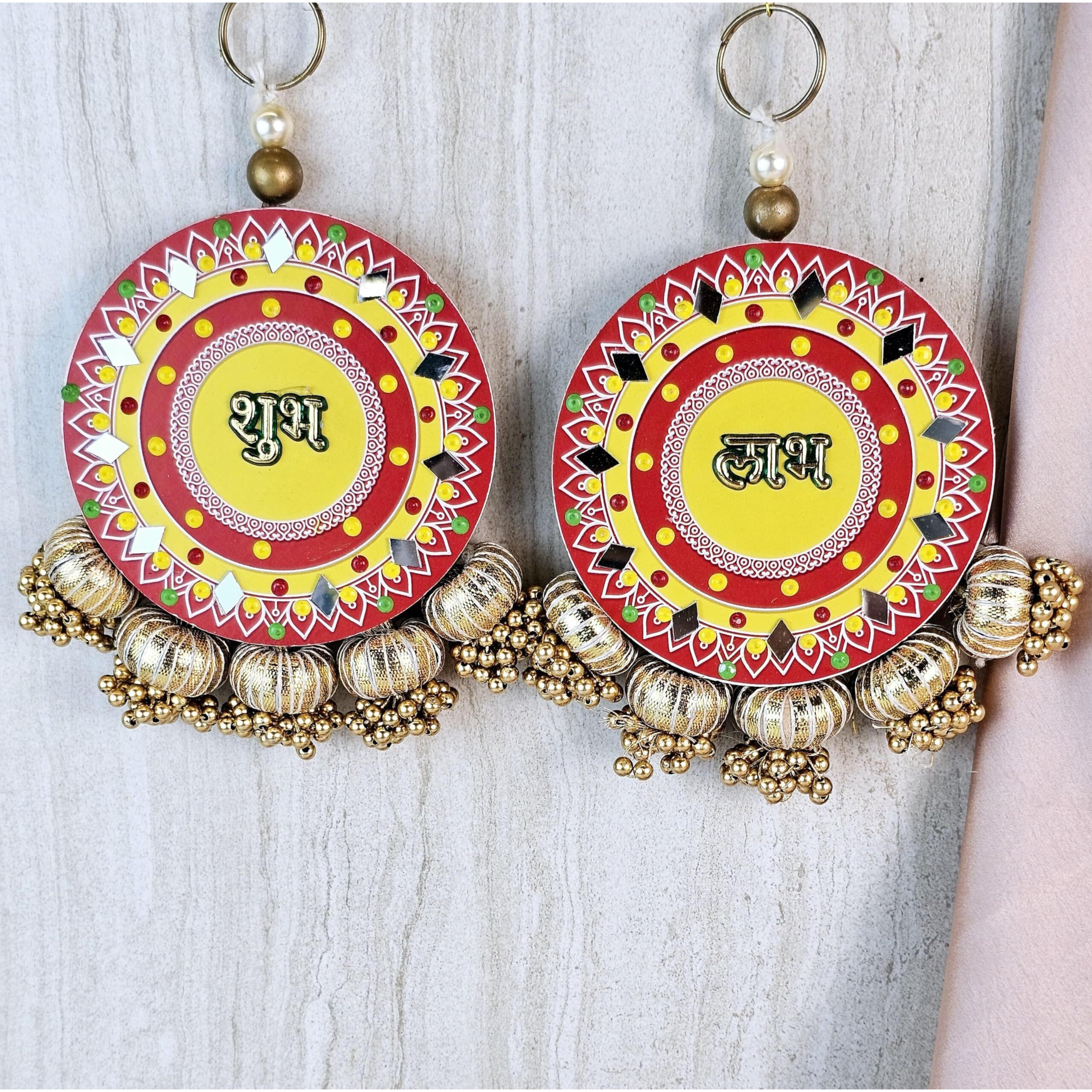 Satyam Kraft 1 Set Random Colour Subh-Labh Wall Hangings Decoration, Door Side Dcor, Door Toran, Traditional Design For Home Decor, Room,Mandir, Pooja, Deepawali, Diwali Decor (2 Pieces)