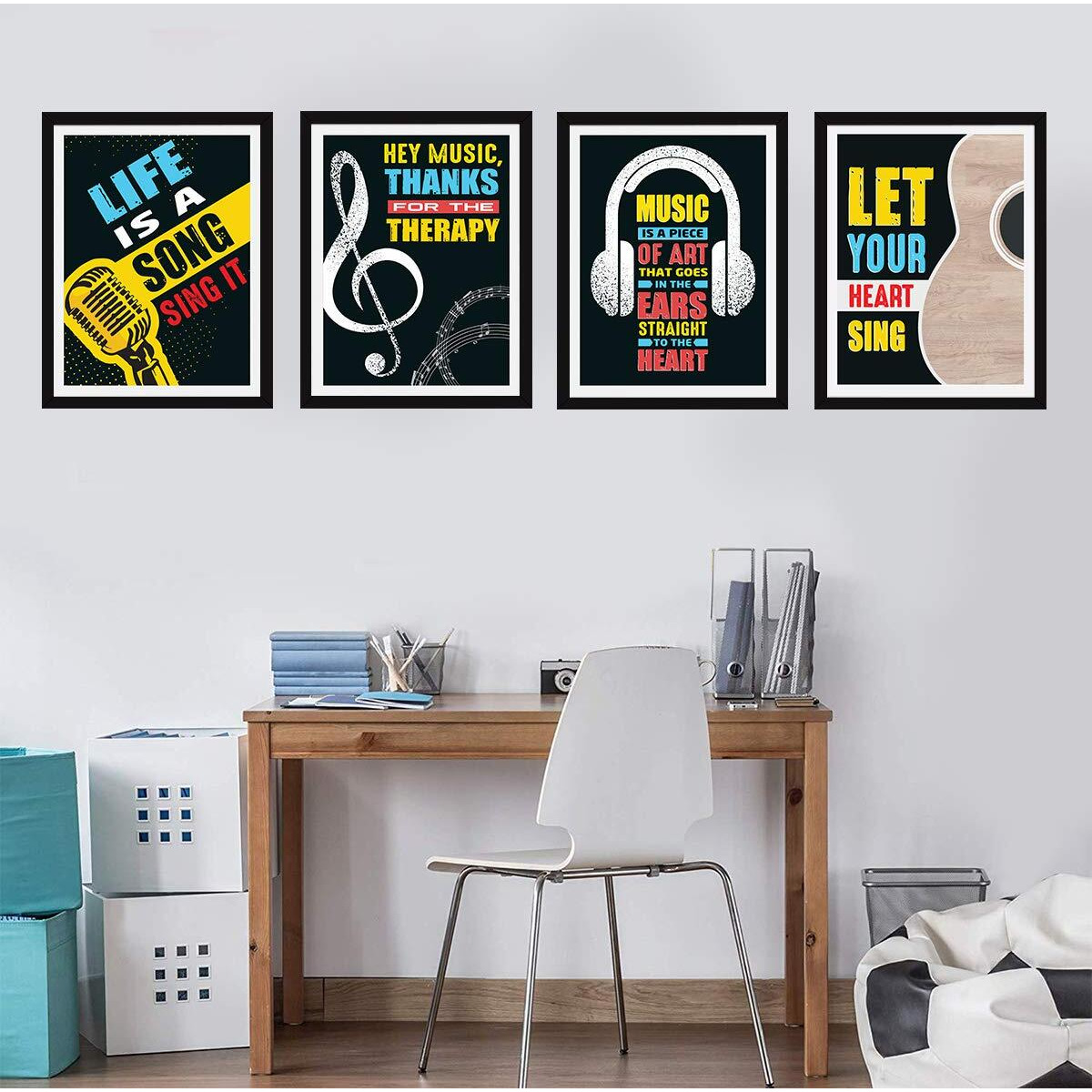 Chaka Chaundh  Music Quotes Wall Frames  Framed Music Posters - Music Quotes Framed Wall Paintings - Best Vintage Music Poster - (34 Cm X 27 Cm X 4 Cm) Combo - Set Of 4 (Black)