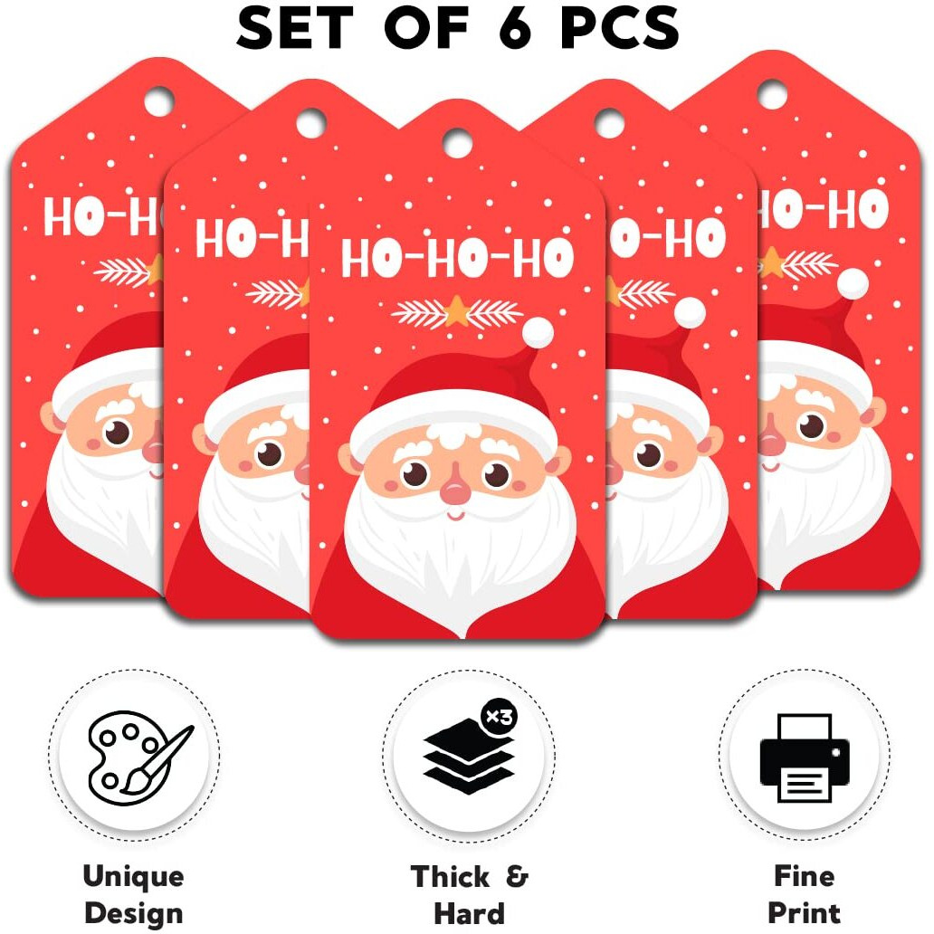 Festiko Christmas Gift Tags, Christmas Theme Gift Tags,Xmas Santa Ho-Ho-Ho Gift Tags Hanging Label For Diy Christmas Gift Wrap And Label Package Pack Of 6 Pcs (Red)