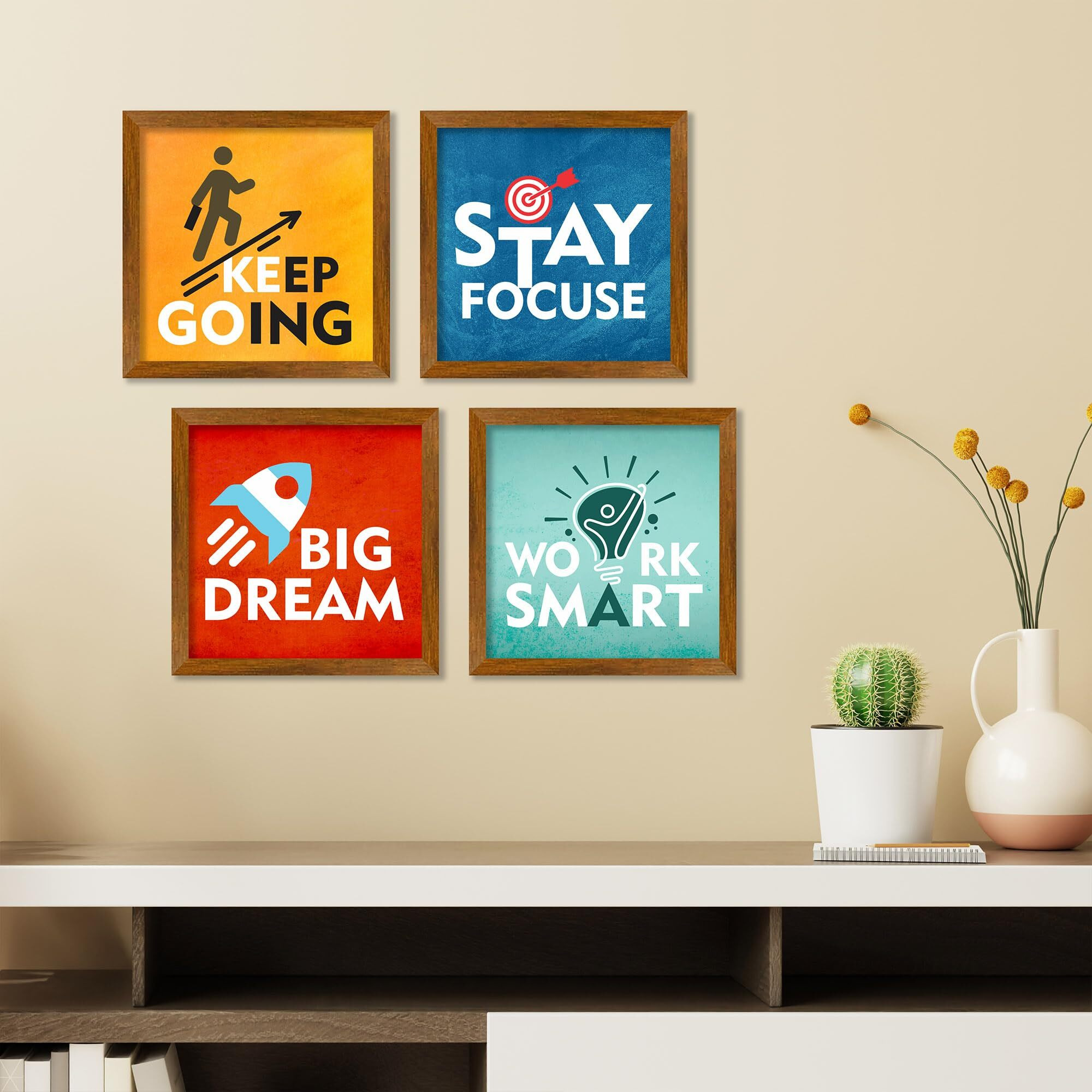 Artvibes Modern Motivational Quotes Art Wooden Wall Frames Without Glass Decorative Item For Living Room Office Decor Modern Artwork Painting Wall Mount Hanging Decoration Item (Pf_7336Nn) Set Of 4