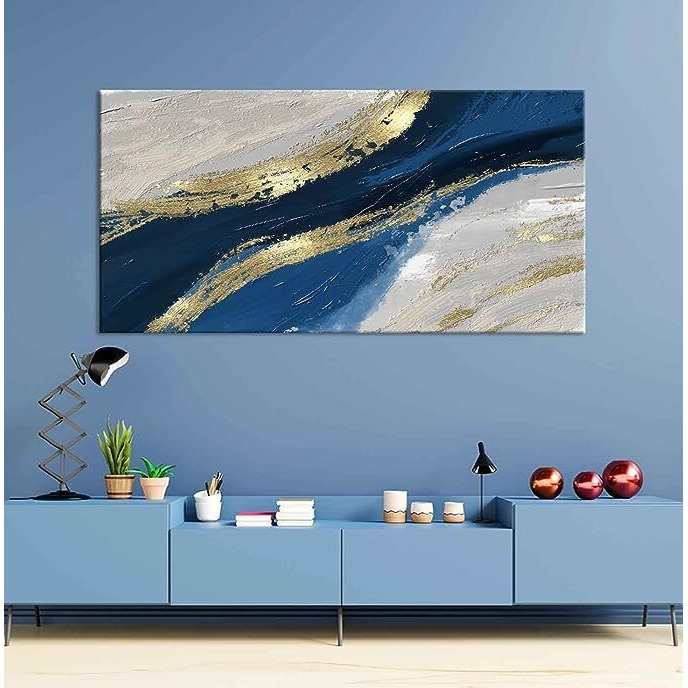 Aadee Craft Unframed Canvas Big Painting Modern Abstract Oil Blue And Gold Glitter Wall Painting For Living Room, Bedroom, Office, Hotels, Drawing Room Size Large (122Cm X 61 Cm) (Design 3)