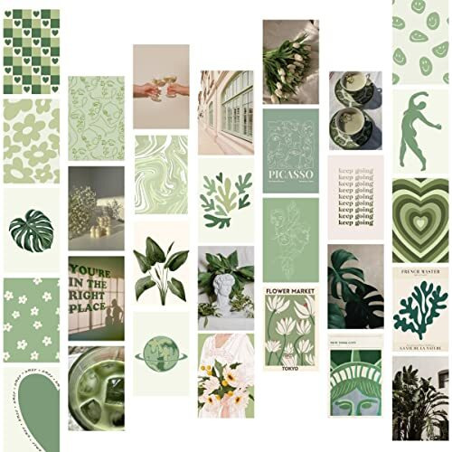 Unquote Abstract Wall Dcor Art Posters, Green Printed Set Of 30 (10L X 15W) Cm - Home & Room Dcor Stickers, Posters For Room Decoration, 300 Gsm Paper Posters For Gifts With Double Sided Tape Roll