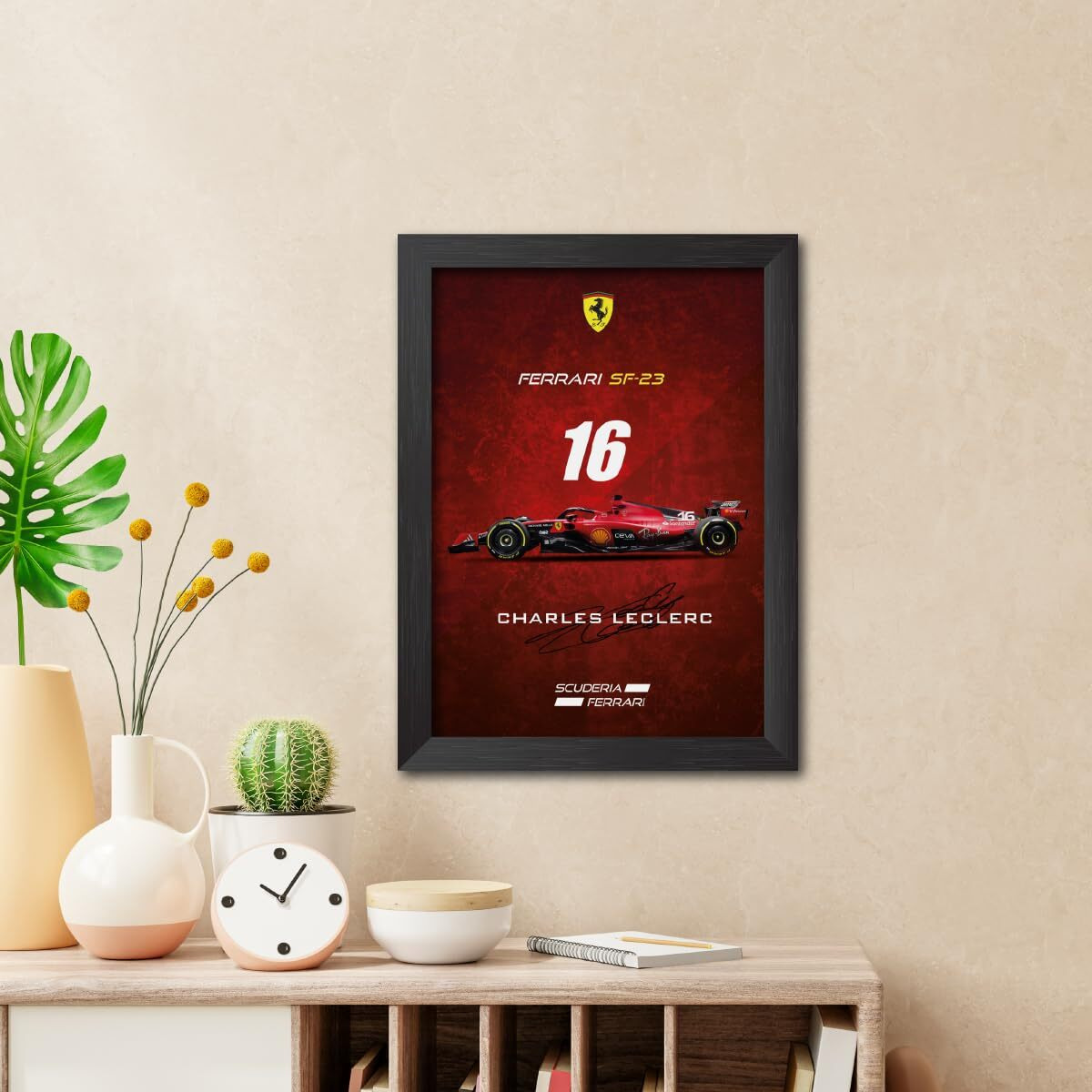 Tenorarts Charles Leclerc Poster Frame Ferrari Sf 23 F1 Racing Car Formula One Photo Framed Painting With Matt Finish Black Texture (12 Inches X 9Inches)