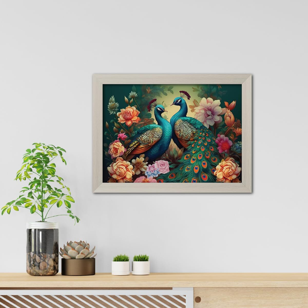 Tenorarts Peacock Photo Frame Love Birds Vastu Modern Art Framed Aesthetic Wall Painting With White Wooden Texture For Living Rooms Bedroom Office - Wall Paintings/Hangings (12Inches X 9Inches)