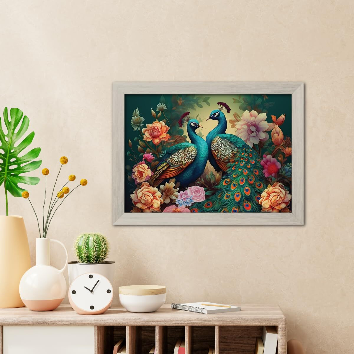 Tenorarts Peacock Photo Frame Love Birds Vastu Modern Art Framed Aesthetic Wall Painting With White Wooden Texture For Living Rooms Bedroom Office - Wall Paintings/Hangings (12Inches X 9Inches)