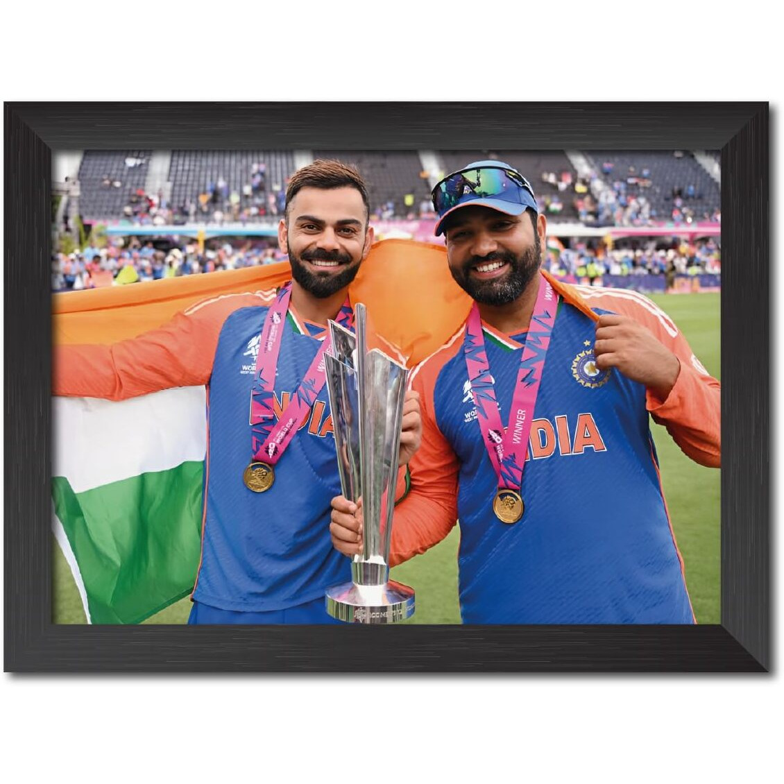 Tenorarts Rohit Sharma Virat Kohli Worldcup Poster Indian Cricket Photo Framed Painting With Matt Finish Black Textures (12 Inches X 9Inches)