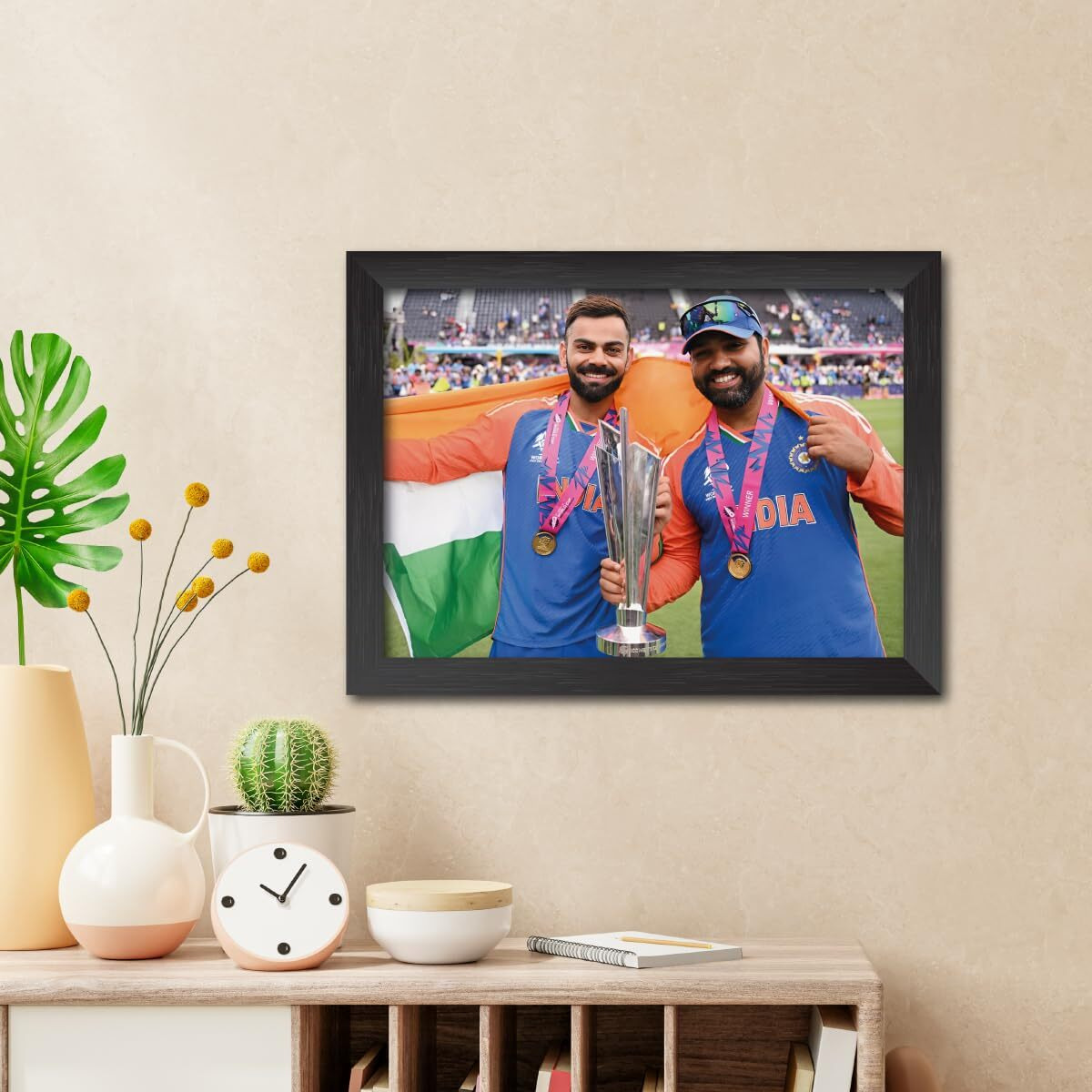 Tenorarts Rohit Sharma Virat Kohli Worldcup Poster Indian Cricket Photo Framed Painting With Matt Finish Black Textures (12 Inches X 9Inches)