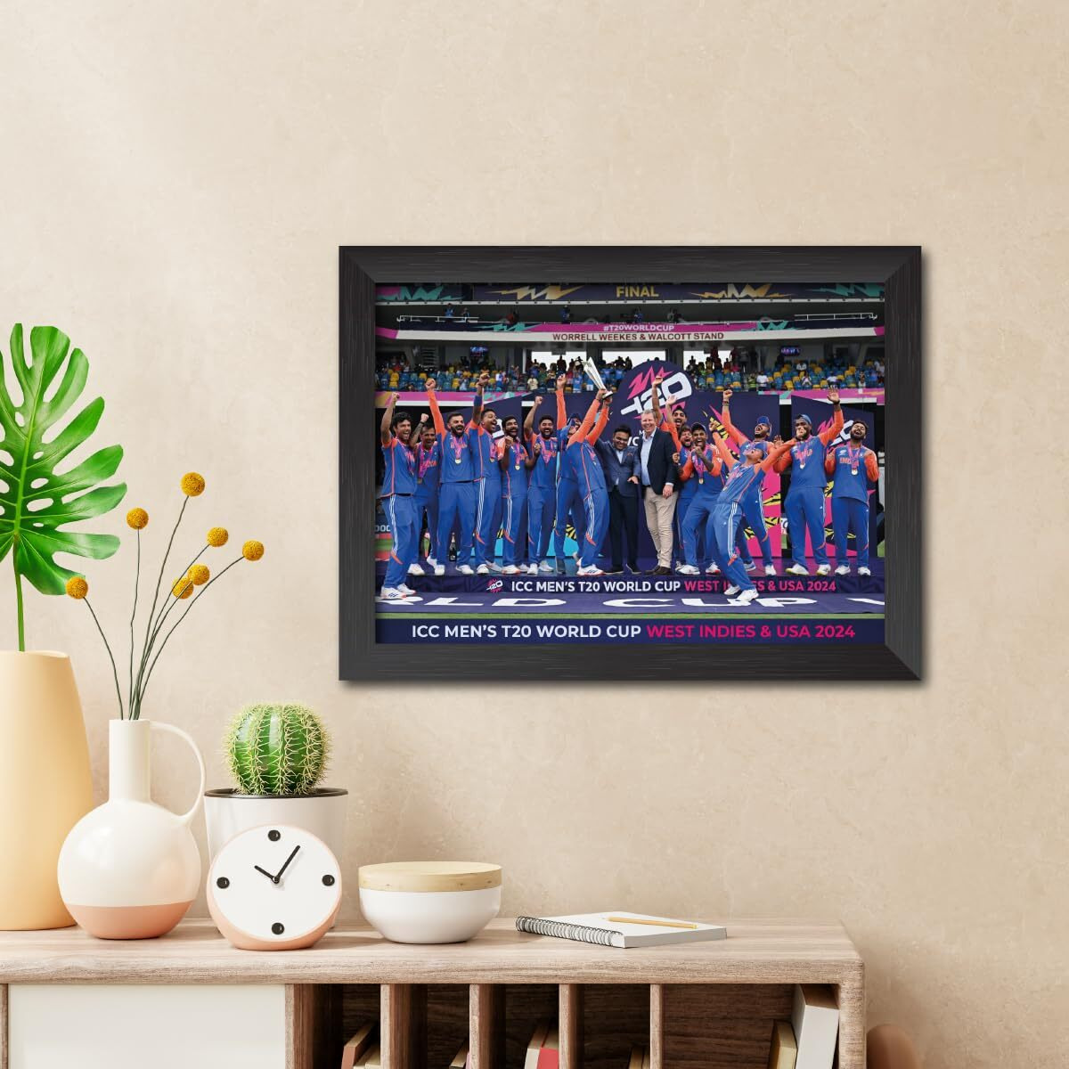 Tenorarts India Cricket Worldcup T20 Poster Trophy Celebration Photo Framed Painting With Matt Finish Black Textures (12 Inches X 9Inches)