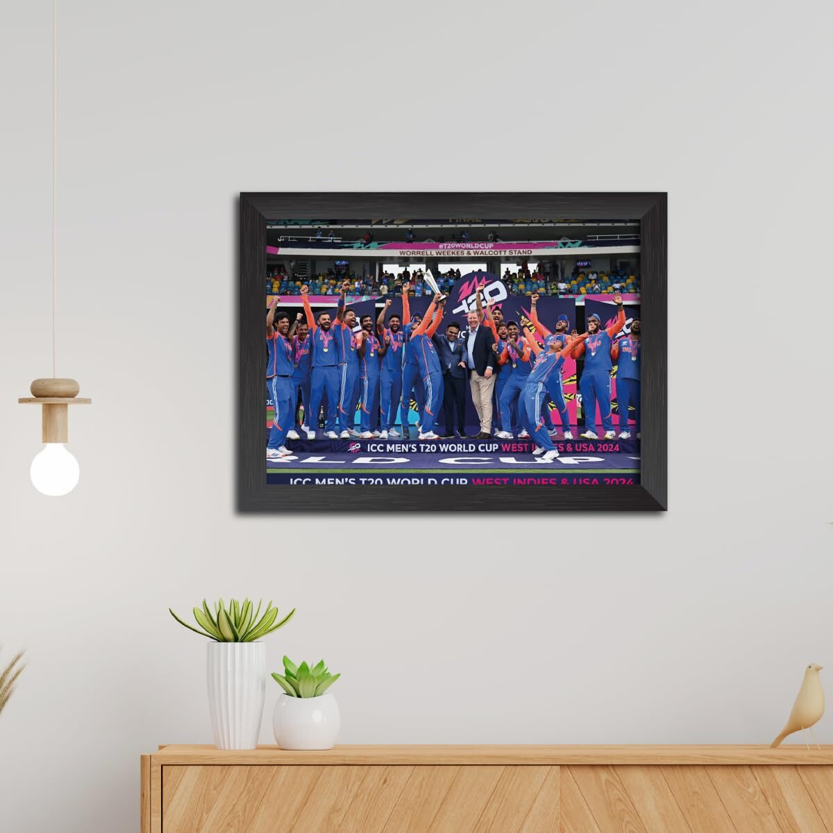 Tenorarts India Cricket Worldcup T20 Poster Trophy Celebration Photo Framed Painting With Matt Finish Black Textures (12 Inches X 9Inches)