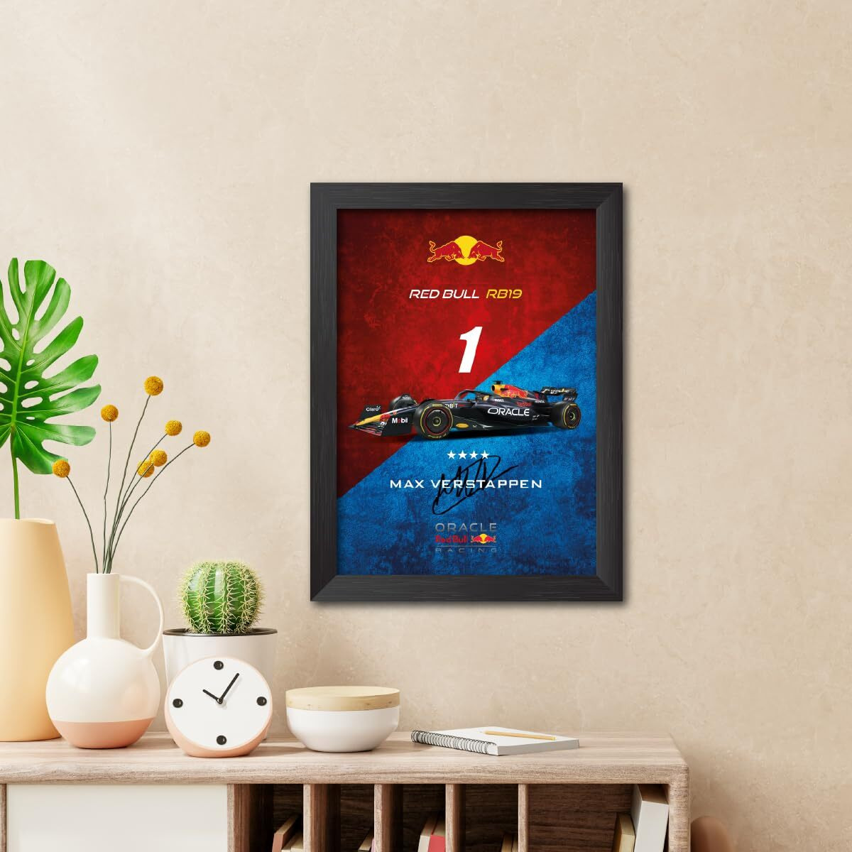 Tenorarts Max Verstappen Poster Frame Rb19 F1 Racing Car Formula One Photo Framed Painting With Matt Finish Black Texture (12 Inches X 9Inches) Updated*