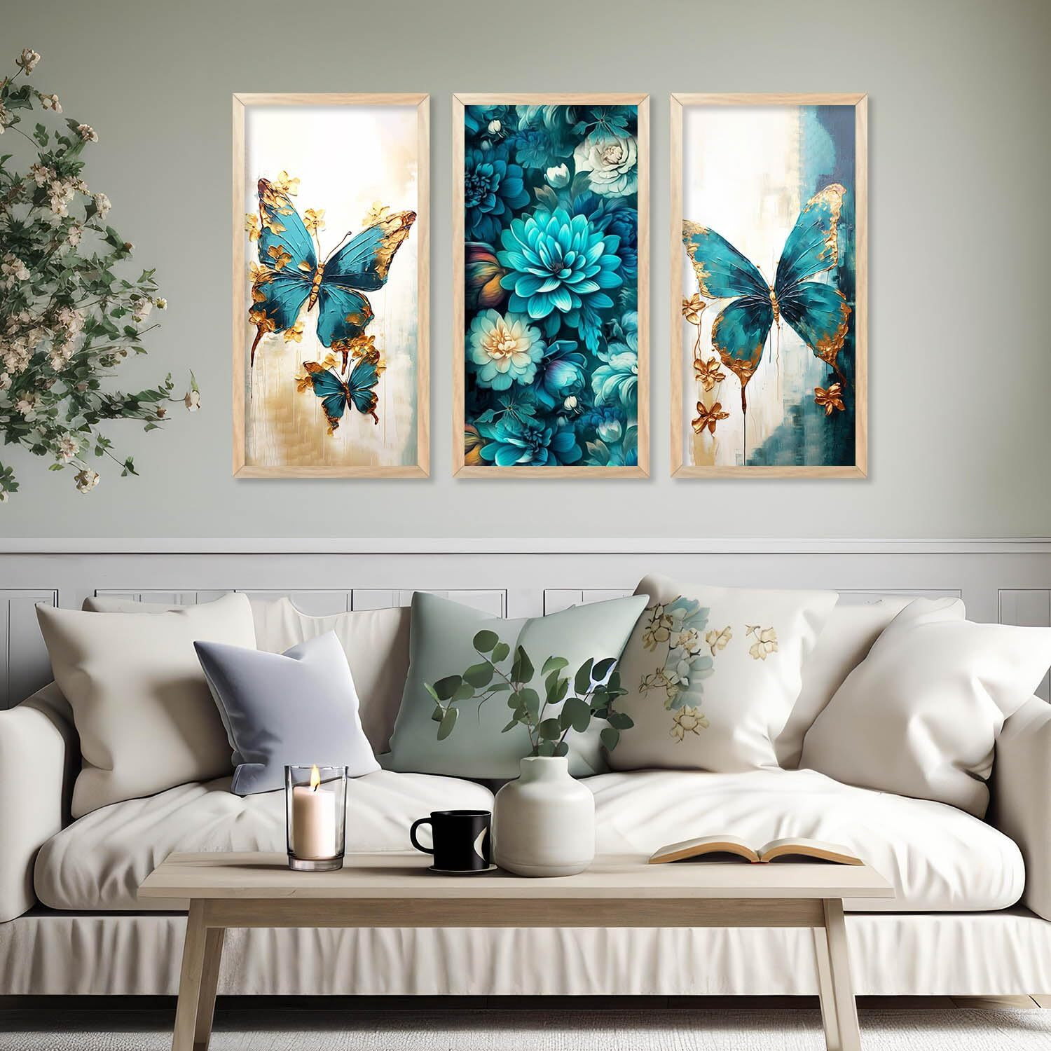 Kalit Kala Modern Wall Art Painting For Wall Decoration, Bedroom, Living Room With Reusable Frames & Acrylic Glass Cover | Set Of 3 | 10 X 19 Inches | Abstract Floral Butterfly Home Decor Framed Paintings