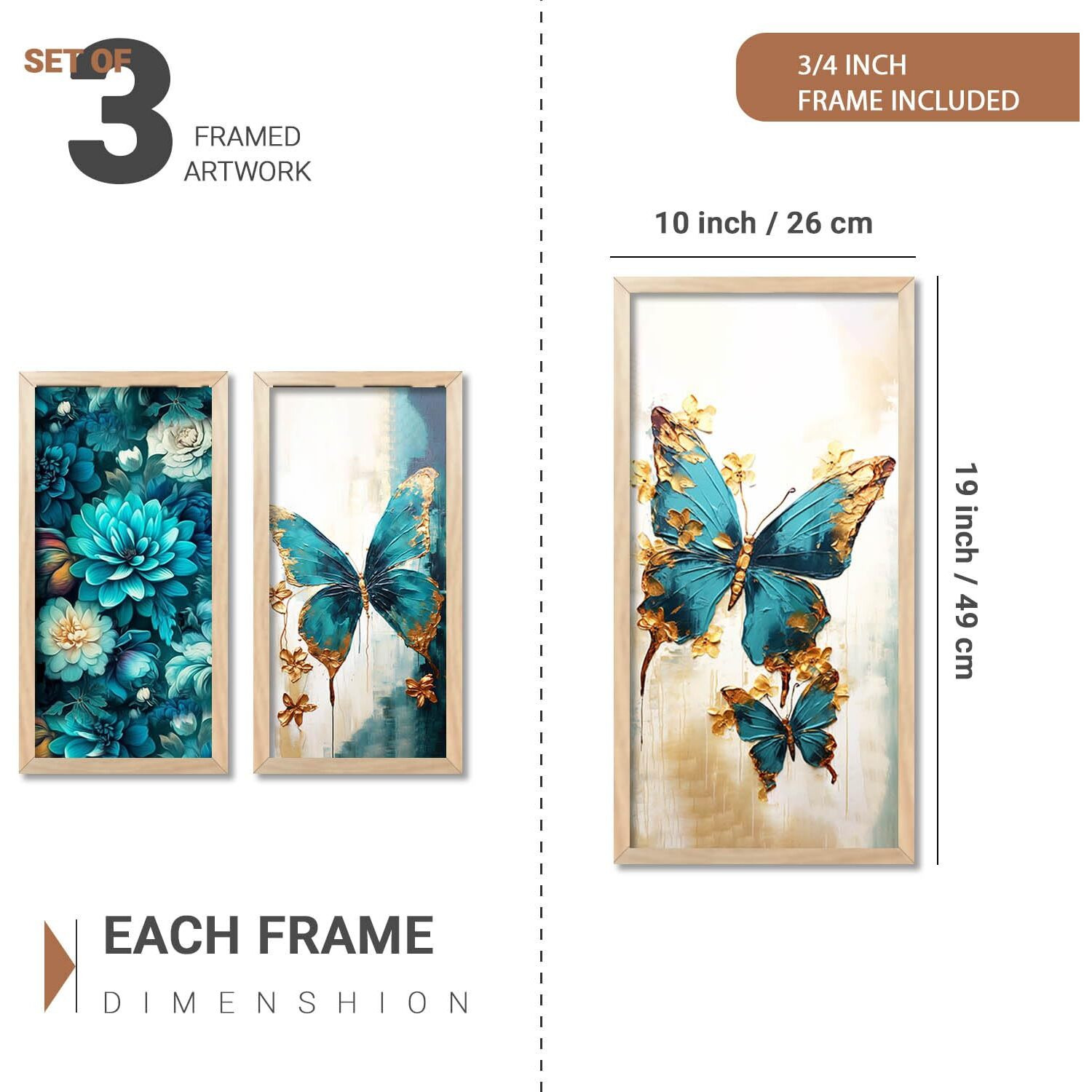 Kalit Kala Modern Wall Art Painting For Wall Decoration, Bedroom, Living Room With Reusable Frames & Acrylic Glass Cover | Set Of 3 | 10 X 19 Inches | Abstract Floral Butterfly Home Decor Framed Paintings