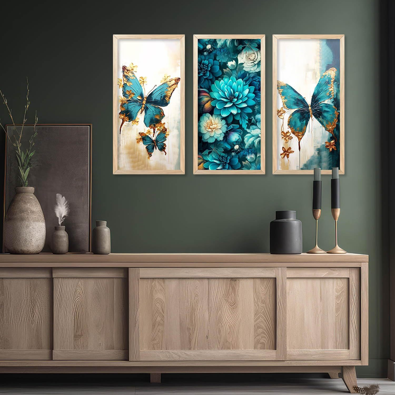 Kalit Kala Modern Wall Art Painting For Wall Decoration, Bedroom, Living Room With Reusable Frames & Acrylic Glass Cover | Set Of 3 | 10 X 19 Inches | Abstract Floral Butterfly Home Decor Framed Paintings