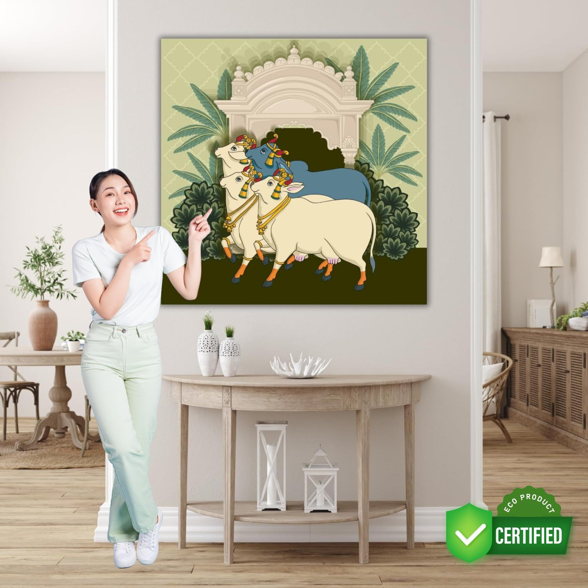 Casperme Kamdhenu Cow Vastu Prosperity Cotton Canvas Wall Painting Big Size For Living Room For Bedroom, Hotels & Office Decoration (24 X 24 Inches)