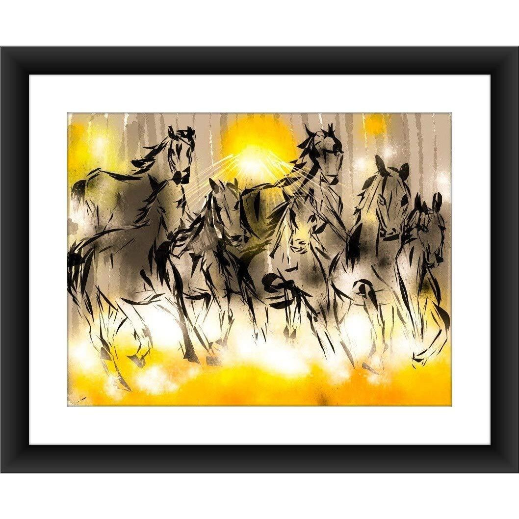 Shsworks Digital Reprint | Fengshui - Seven Running Horse | Framed Wall Art Canvas Painting | Signed By Artist | Copyright Protected Artwork | Multicolour 23X27 Inch