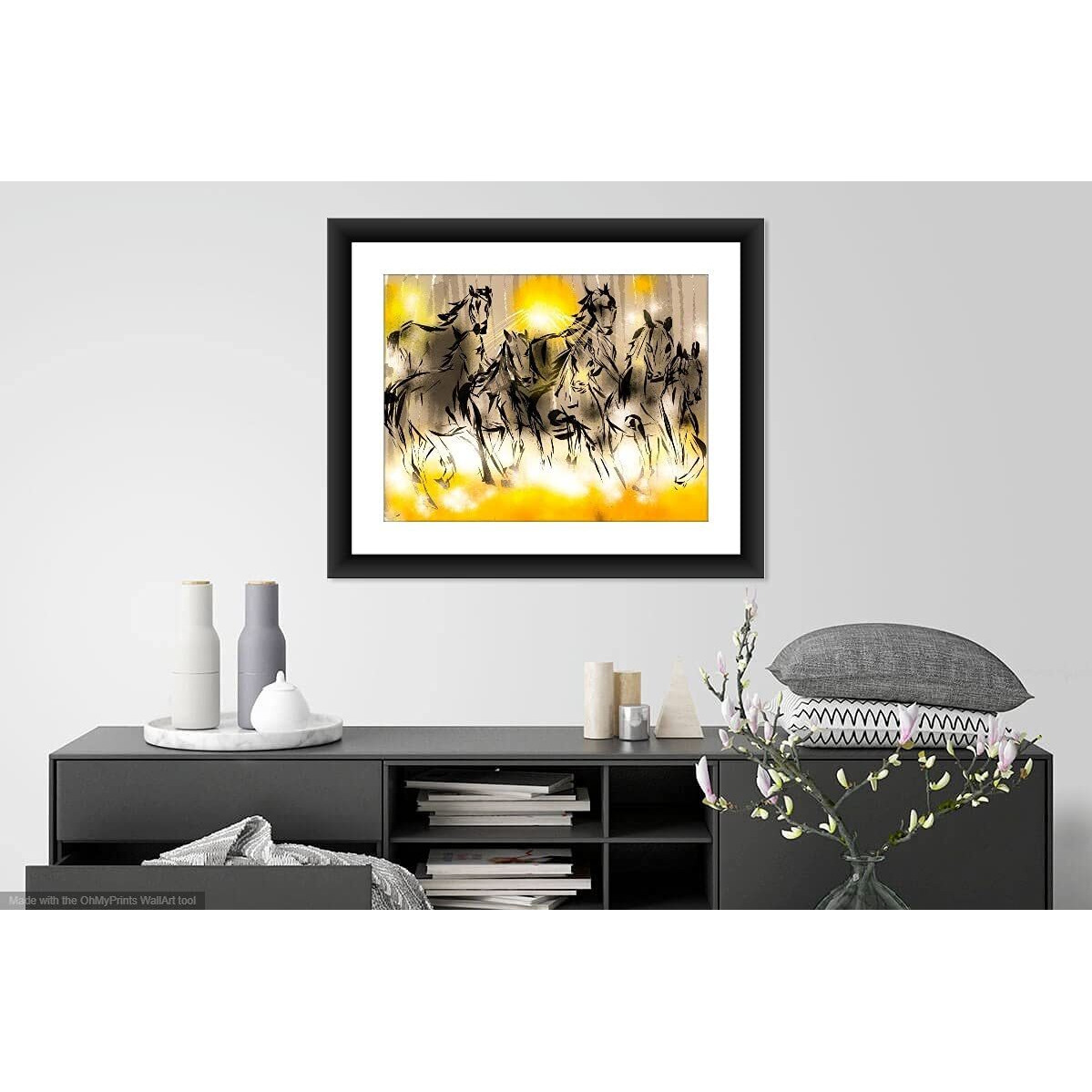 Shsworks Digital Reprint | Fengshui - Seven Running Horse | Framed Wall Art Canvas Painting | Signed By Artist | Copyright Protected Artwork | Multicolour 23X27 Inch