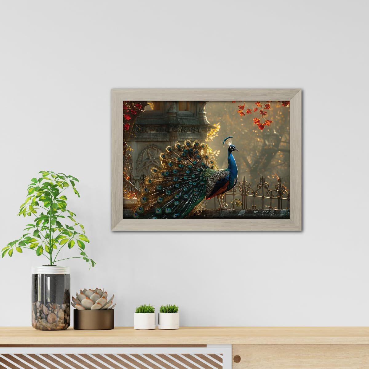 Tenorarts Peacock Photo Frame Vastu Modern Art Framed Aesthetic Wall Painting With White Wooden Texture For Living Rooms Bedroom Office - Paintings/Wall Hangings (12Inches X 9Inches)