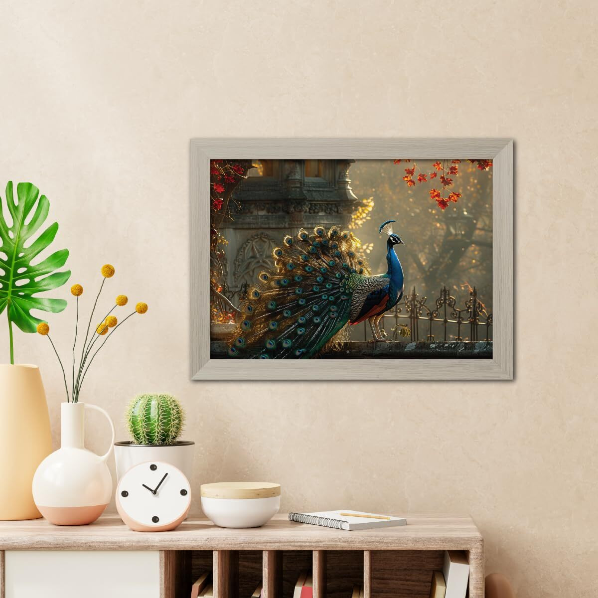 Tenorarts Peacock Photo Frame Vastu Modern Art Framed Aesthetic Wall Painting With White Wooden Texture For Living Rooms Bedroom Office - Paintings/Wall Hangings (12Inches X 9Inches)
