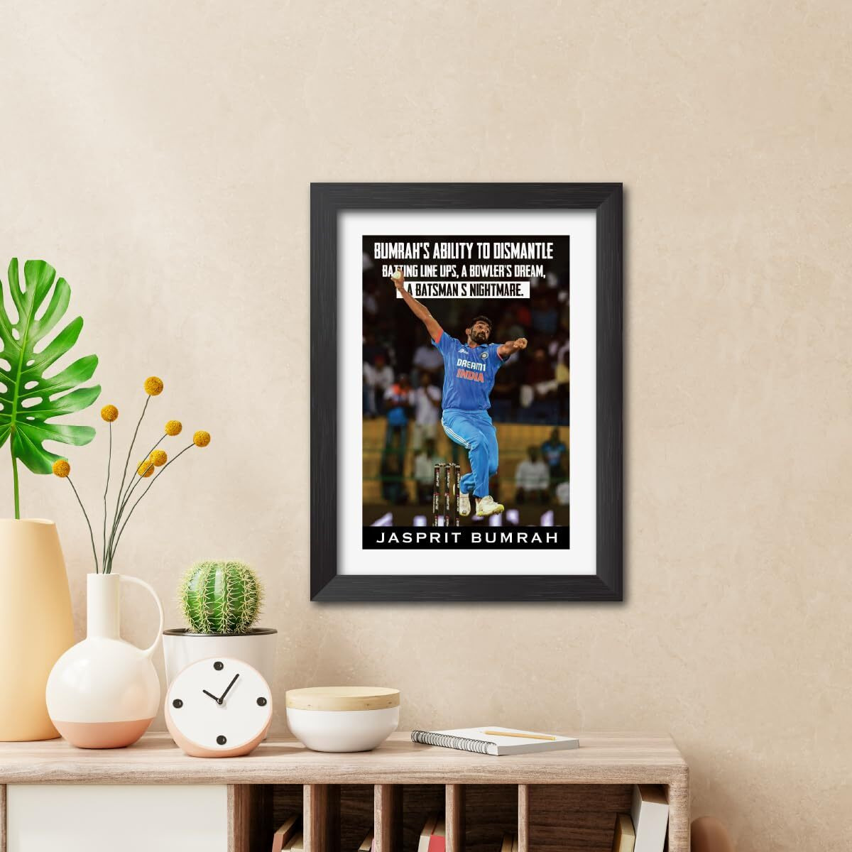Tenorarts Jasprit Bumrah Poster Frame Indian Cricket Photo Framed Painting With Matt Finish Black Textures (12 Inches X 9Inches)