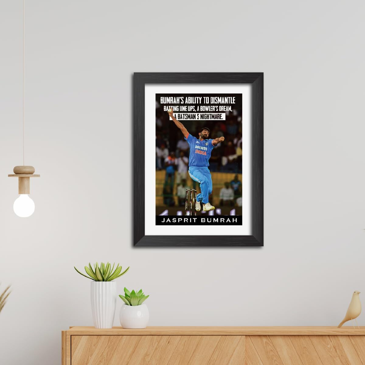 Tenorarts Jasprit Bumrah Poster Frame Indian Cricket Photo Framed Painting With Matt Finish Black Textures (12 Inches X 9Inches)