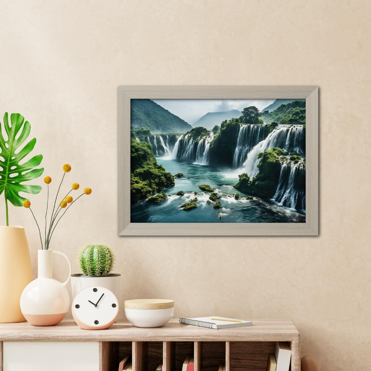 Tenorarts Waterfall Photo Frames Vastu Mountain Art Framed Aesthetic Wall Painting With White Wooden Texture For Living Rooms Bedroom Office - Wall Paintings/Hangings (12Inches X 9Inches)