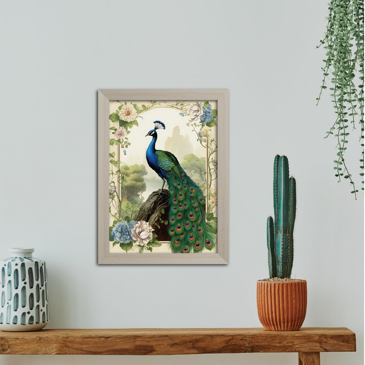 Tenorarts Peacock Photo Frame Abstract Modern Art Framed Aesthetic Wall Painting With White Wooden Texture For Living Rooms Bedroom Office - Wall Paintings/Hangings (12Inches X 9Inches)