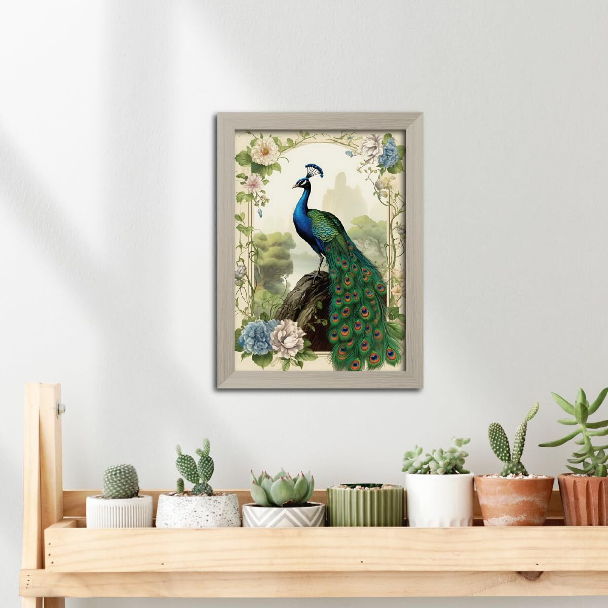 Tenorarts Peacock Photo Frame Abstract Modern Art Framed Aesthetic Wall Painting With White Wooden Texture For Living Rooms Bedroom Office - Wall Paintings/Hangings (12Inches X 9Inches)