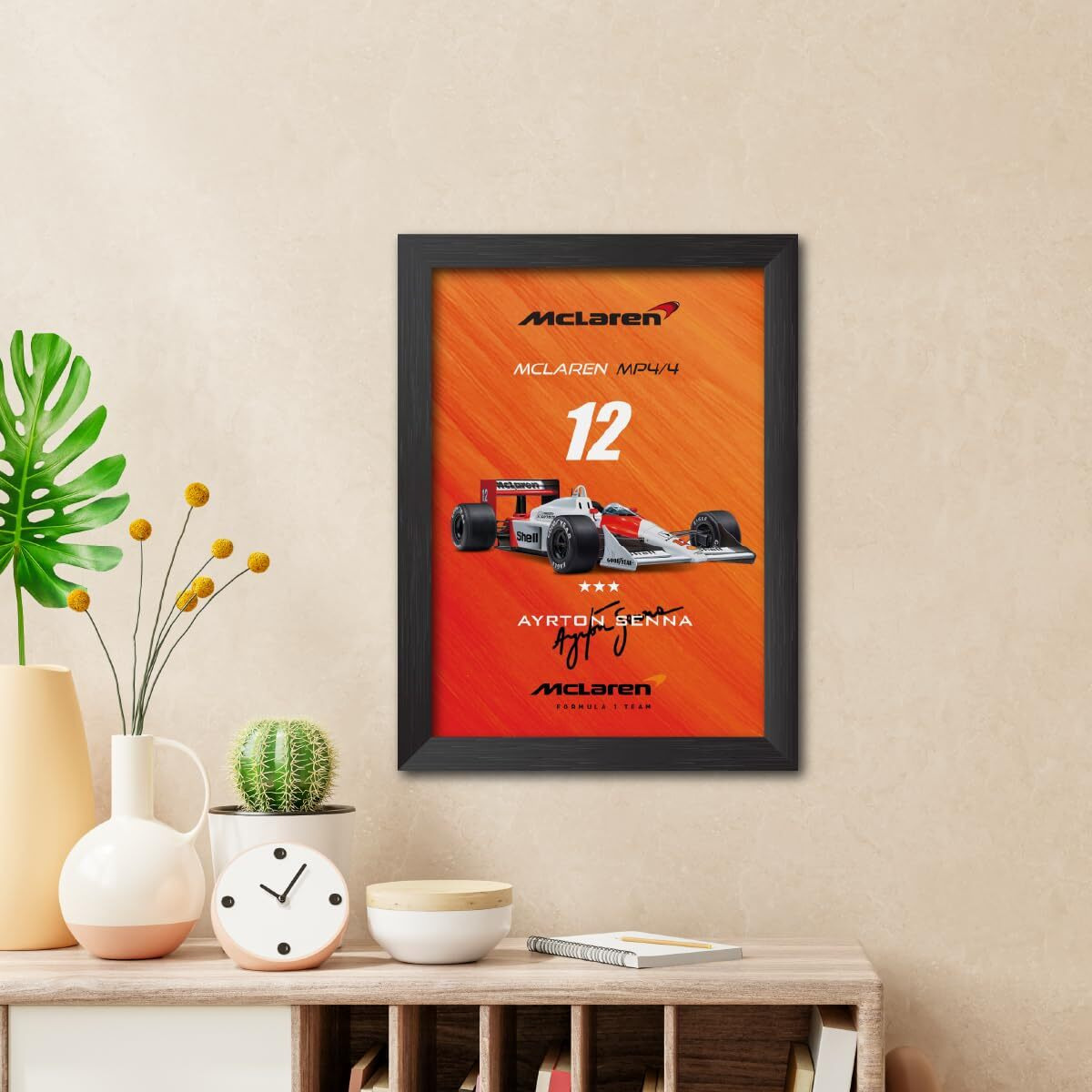Tenorarts Ayrton Senna Poster Frame Mclaren Mp4 F1 Racing Car 1988 Edition Formula One Photo Framed Painting With Matt Finish Black Texture (12 Inches X 9Inches)