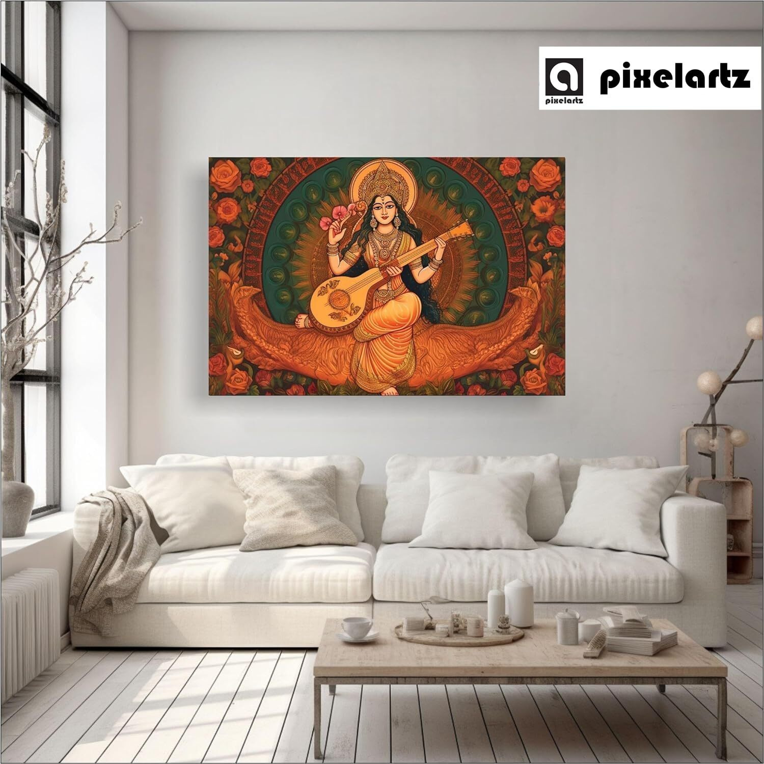Pixelartz Goddess Saraswati | Retro Illustration | Wall Decorative Canvas Painting For Home, Living Room, Bedroom And Office | Canvas Print | Large(33X22Inch)(83X55Cm)
