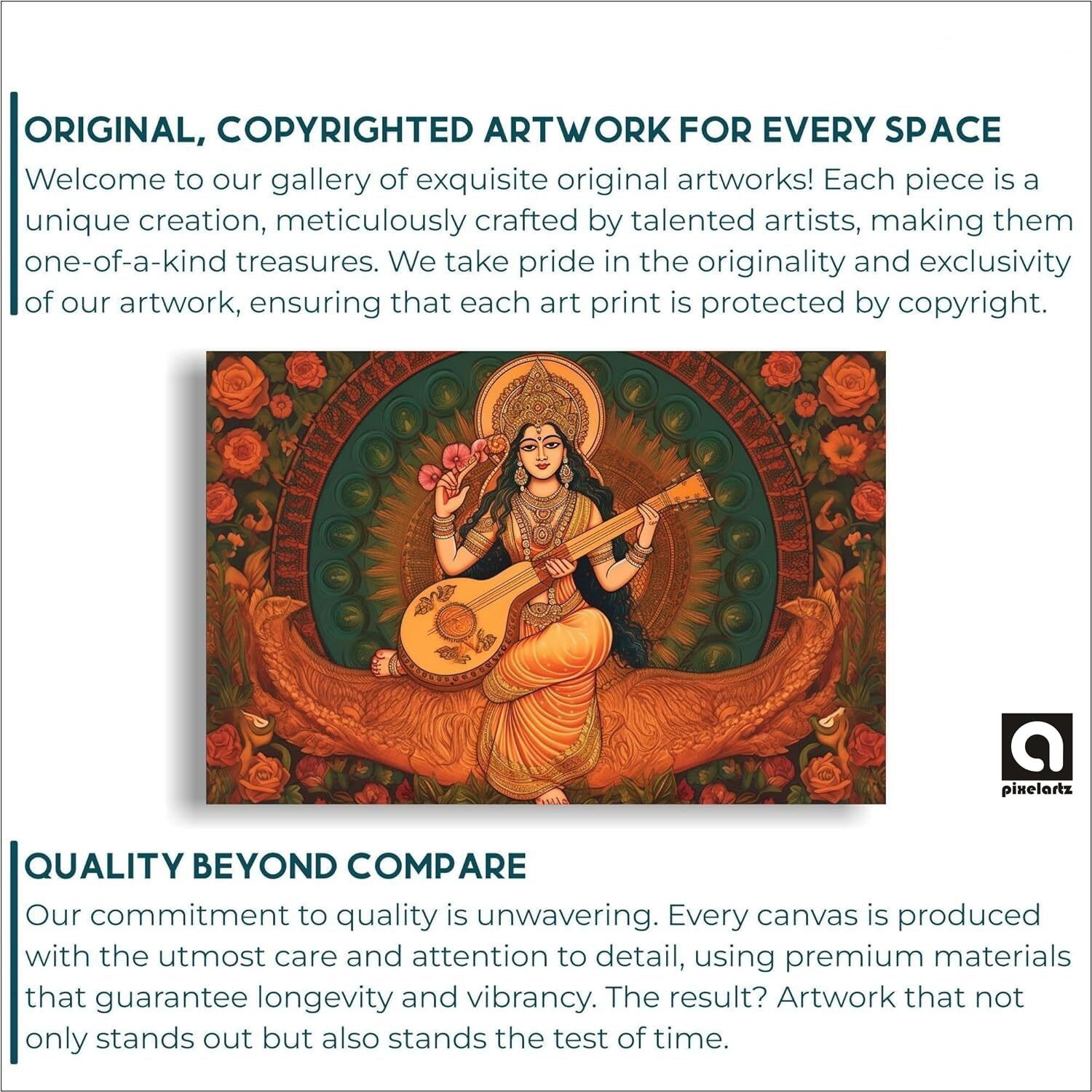 Pixelartz Goddess Saraswati | Retro Illustration | Wall Decorative Canvas Painting For Home, Living Room, Bedroom And Office | Canvas Print | Large(33X22Inch)(83X55Cm)