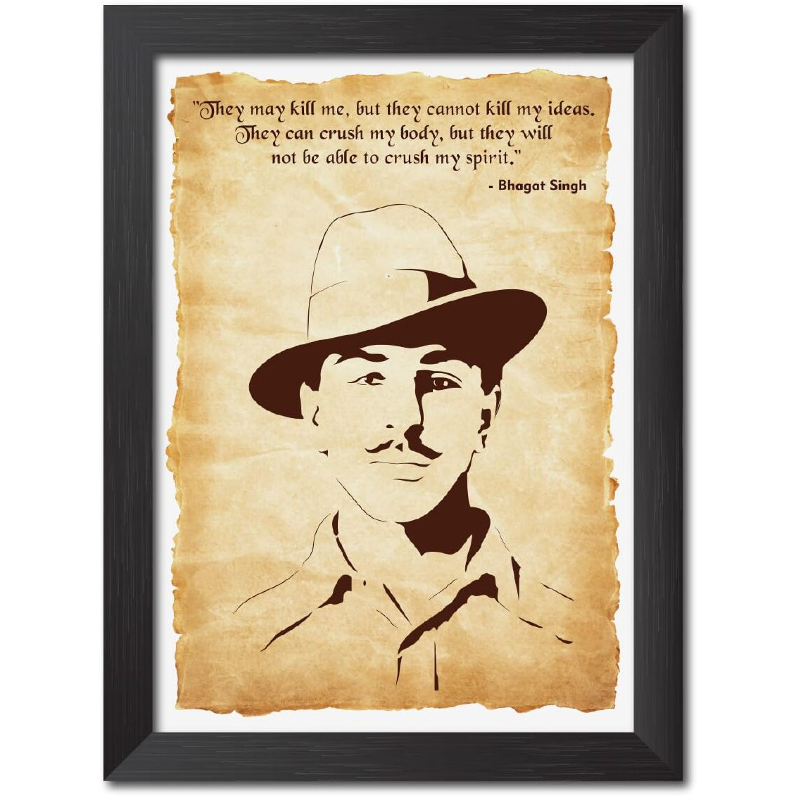 Tenorarts Bhagat Singh Portrait Drawing Poster Motivational Quotes Laminated Photo Frame Painting With Dark Color Matt Finish Textures (12 Inches X 9 Inches)