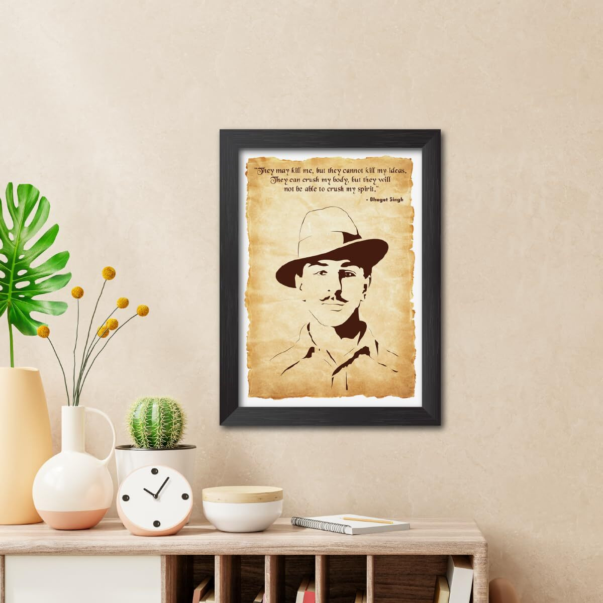 Tenorarts Bhagat Singh Portrait Drawing Poster Motivational Quotes Laminated Photo Frame Painting With Dark Color Matt Finish Textures (12 Inches X 9 Inches)