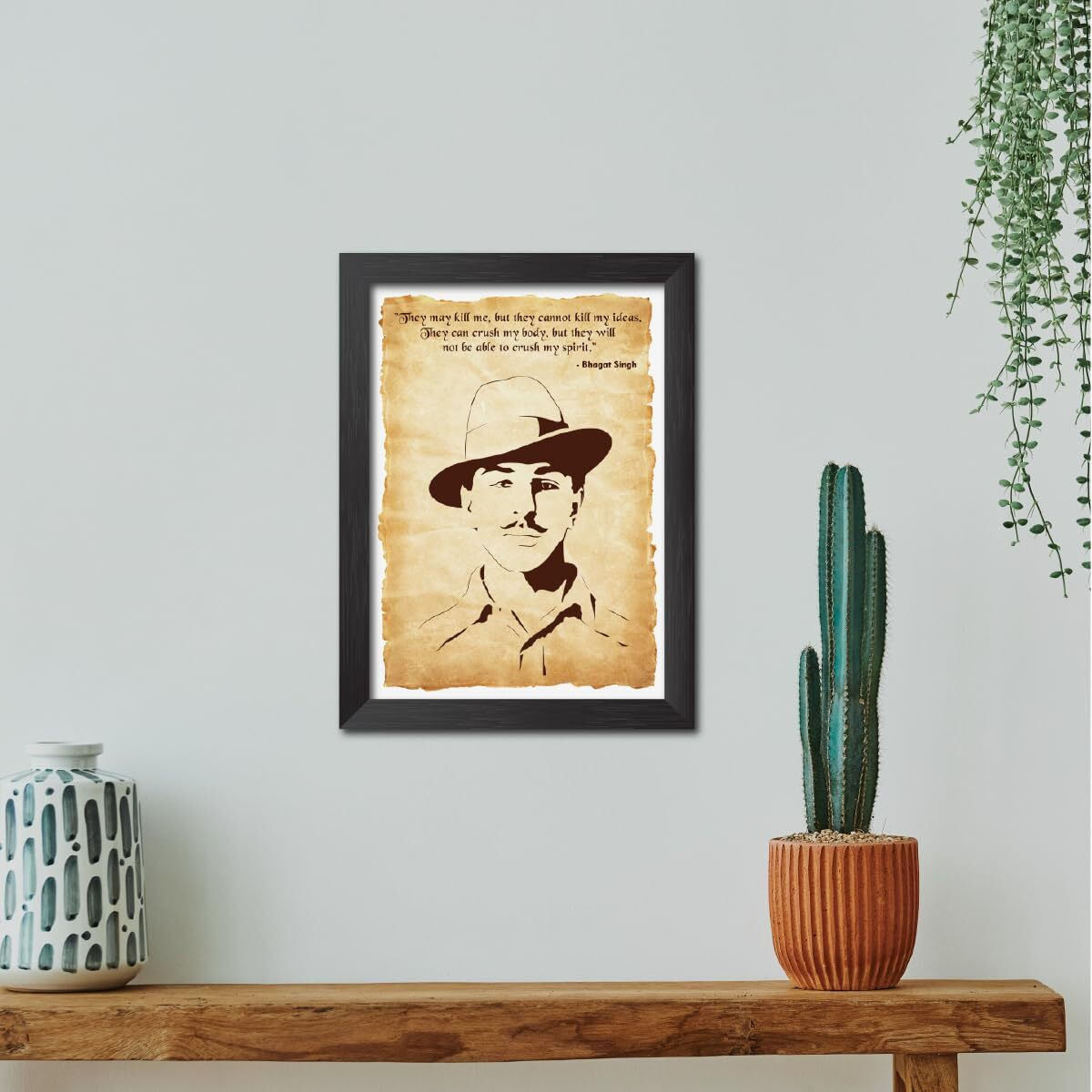 Tenorarts Bhagat Singh Portrait Drawing Poster Motivational Quotes Laminated Photo Frame Painting With Dark Color Matt Finish Textures (12 Inches X 9 Inches)