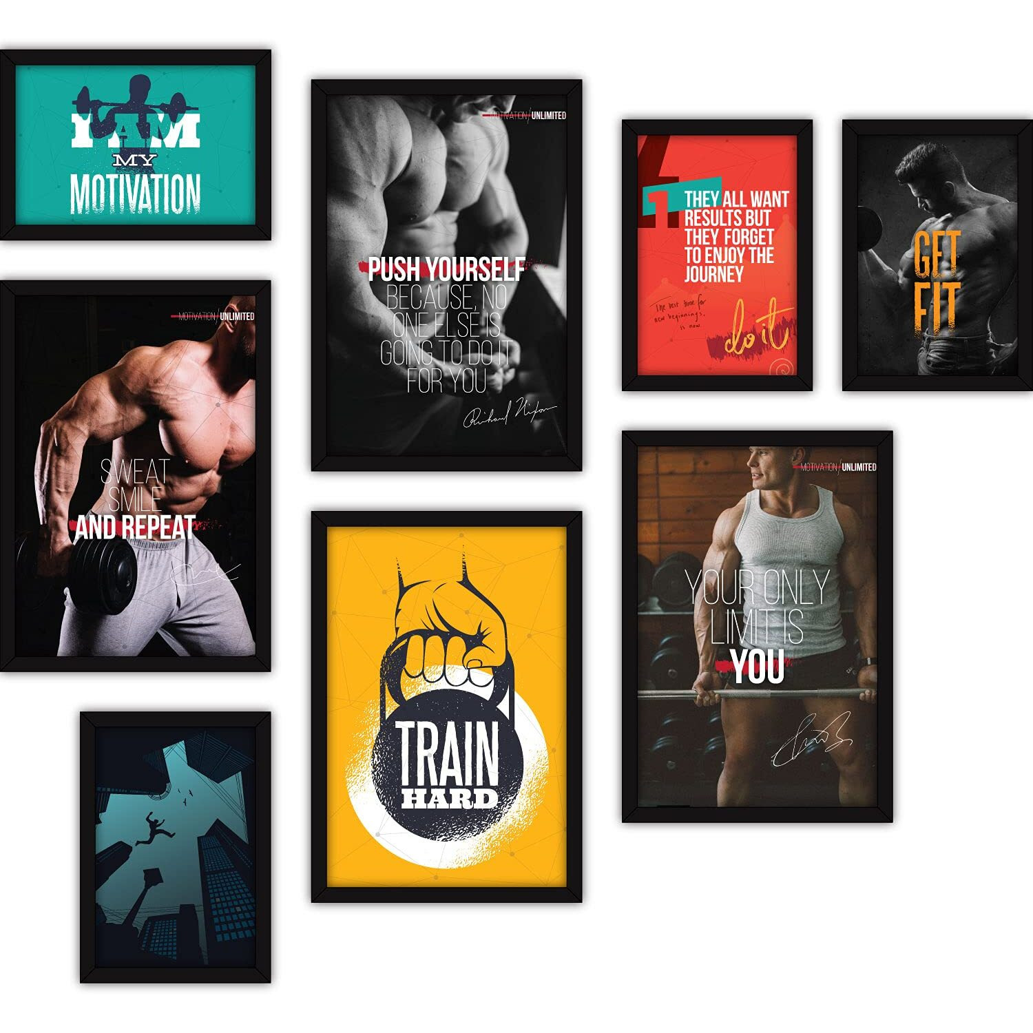 Fatmug Framed Wall Paintings For Home And Gym - Workout Posters Glass, Multicolour - Set Of 8