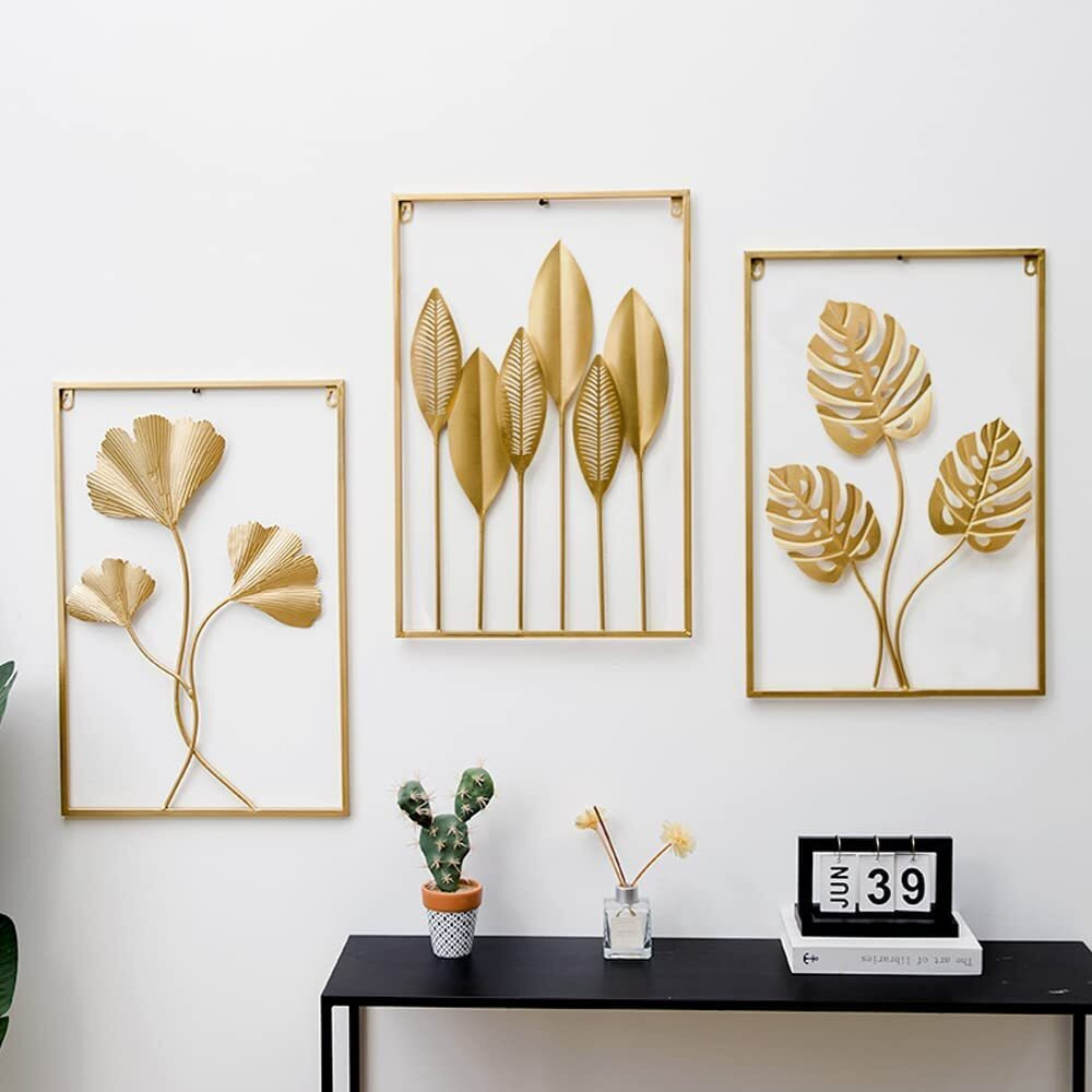 Bleqys Gold Wall Decor Golden Metal Art Leaves Home Decorations,Living Room Hangings Wall Sculptures Accent Decorative Pictures With Frame, Gold Accent For Bedroom And Living Room(Set-3)