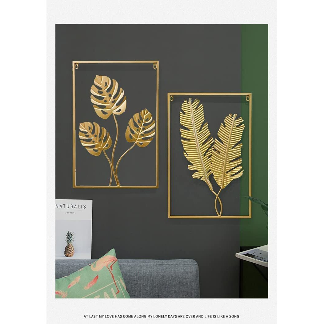 Bleqys Gold Wall Decor Golden Metal Art Leaves Home Decorations,Living Room Hangings Wall Sculptures Accent Decorative Pictures With Frame, Gold Accent For Bedroom And Living Room(Set-3)