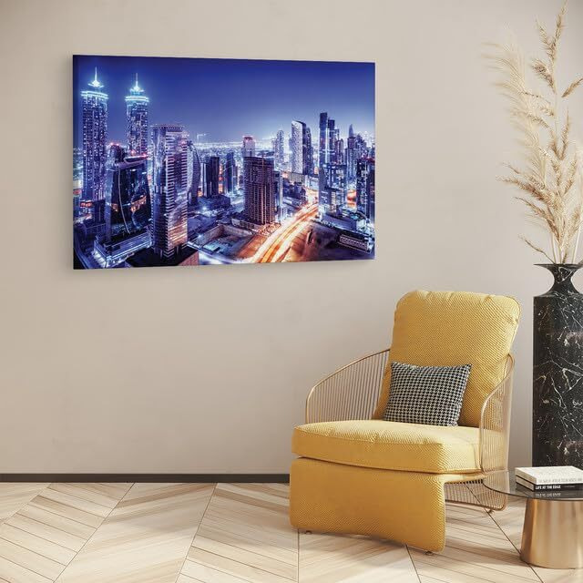 Truecanvas Dubai Downtown Night Scene Uae, Wooden Framed Canvas Paintings For Home Decor | Bedroom, Living Room,Wall Decoration | Wall Art Painting, Ct0136, Size 16 X 24 In