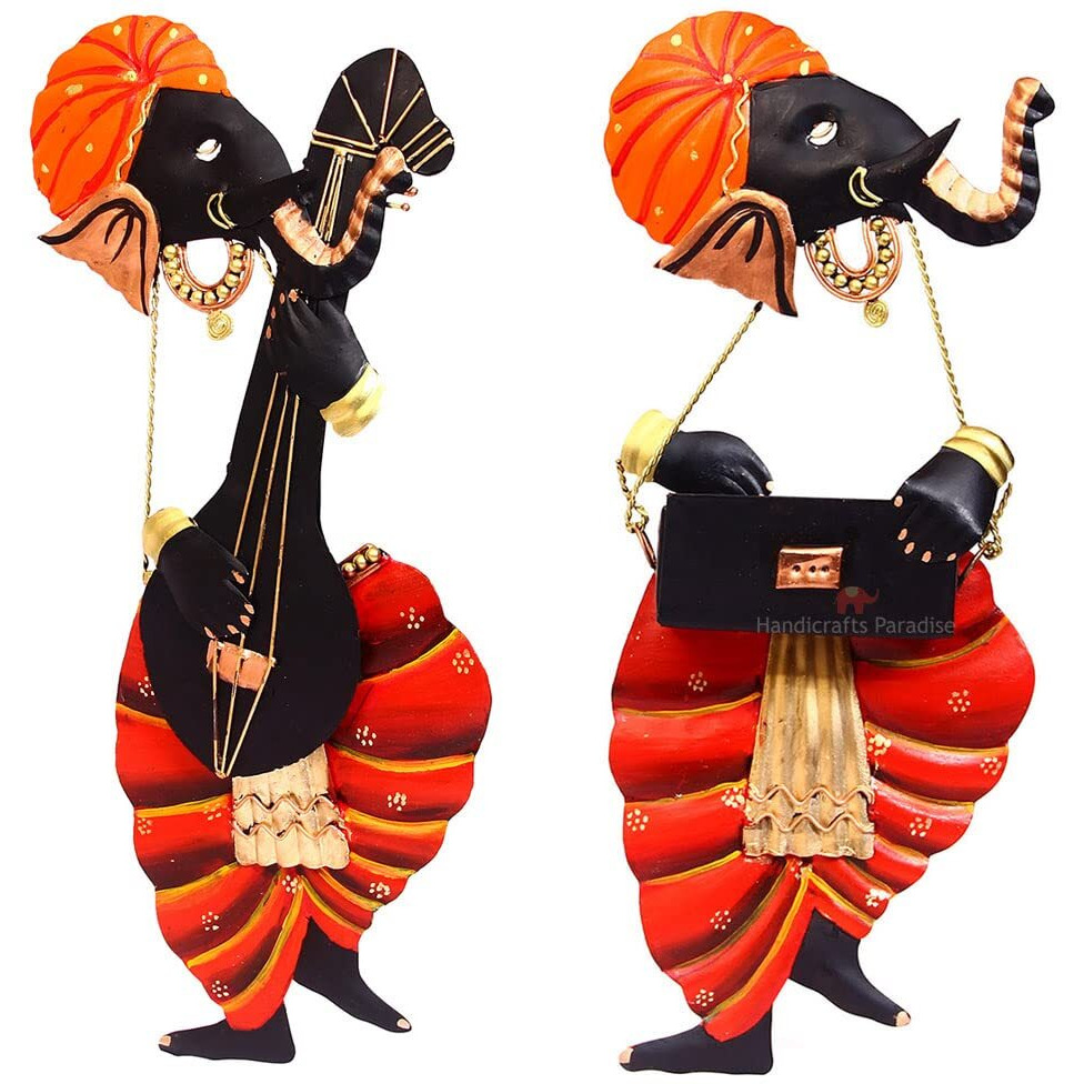 Handicrafts Paradise Iron Wall Decor Musician Ganesha, Set Of 2, 7 X 3 Inches