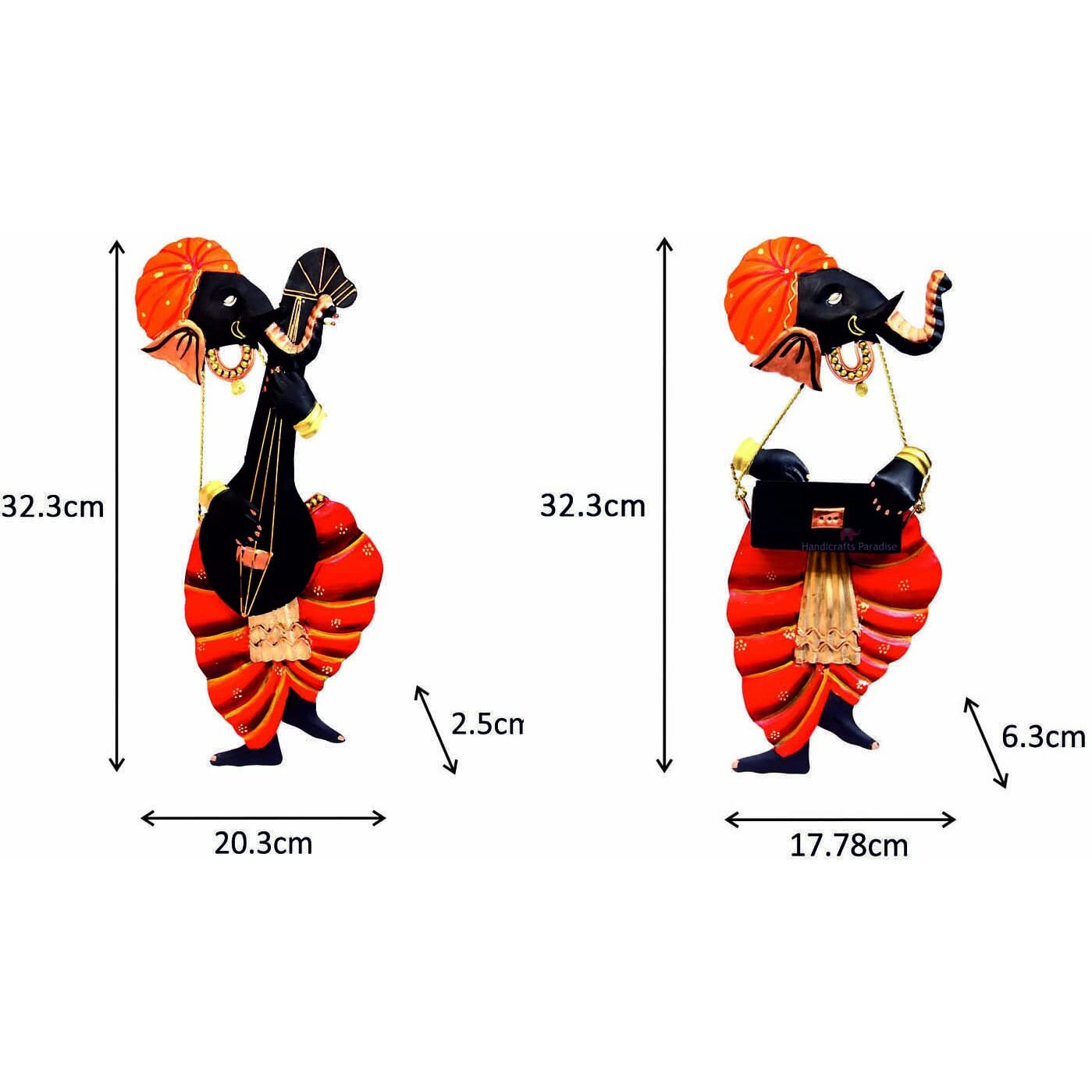 Handicrafts Paradise Iron Wall Decor Musician Ganesha, Set Of 2, 7 X 3 Inches