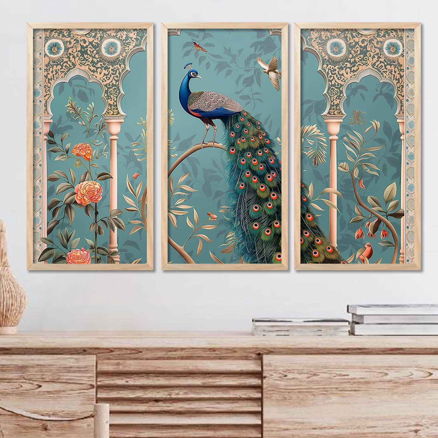 Kalit Kala Paintings For Wall Decoration With Frame | Paintings For Living Room, Bedroom | Set Of 3 | 10 X 19 Inches | Pichwai Wall Art Painting 1