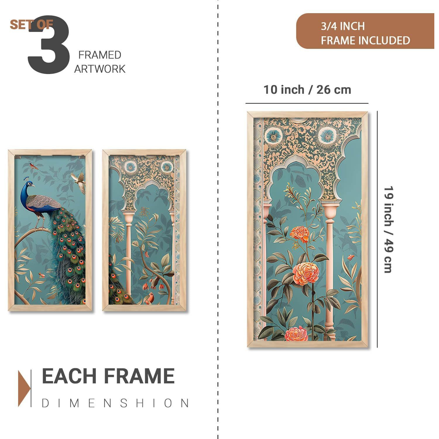 Kalit Kala Paintings For Wall Decoration With Frame | Paintings For Living Room, Bedroom | Set Of 3 | 10 X 19 Inches | Pichwai Wall Art Painting 1