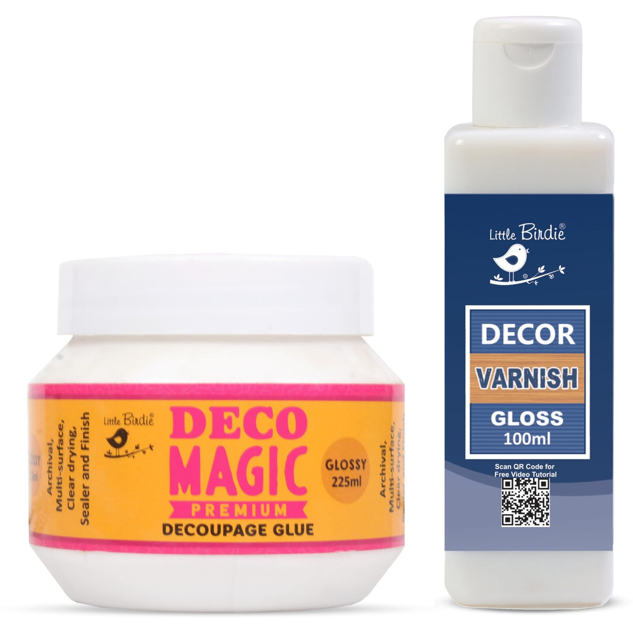 Little Birdie Deco Magic Glue Glossy 225Ml And Decor Varnish Gloss 100Ml Bottle