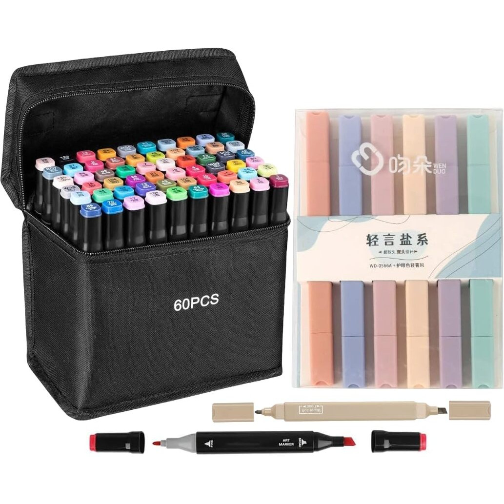 Corslet 66Pc Dual Tip Color Markers Set 60Pc Alcoholic Markers Set & 6Pc Aesthetic Highlighter Pen Pastel Set Sketch Pen Set For Kids Alcohol Markers Sketch Colour Art Supplies For Artist Drawing Set